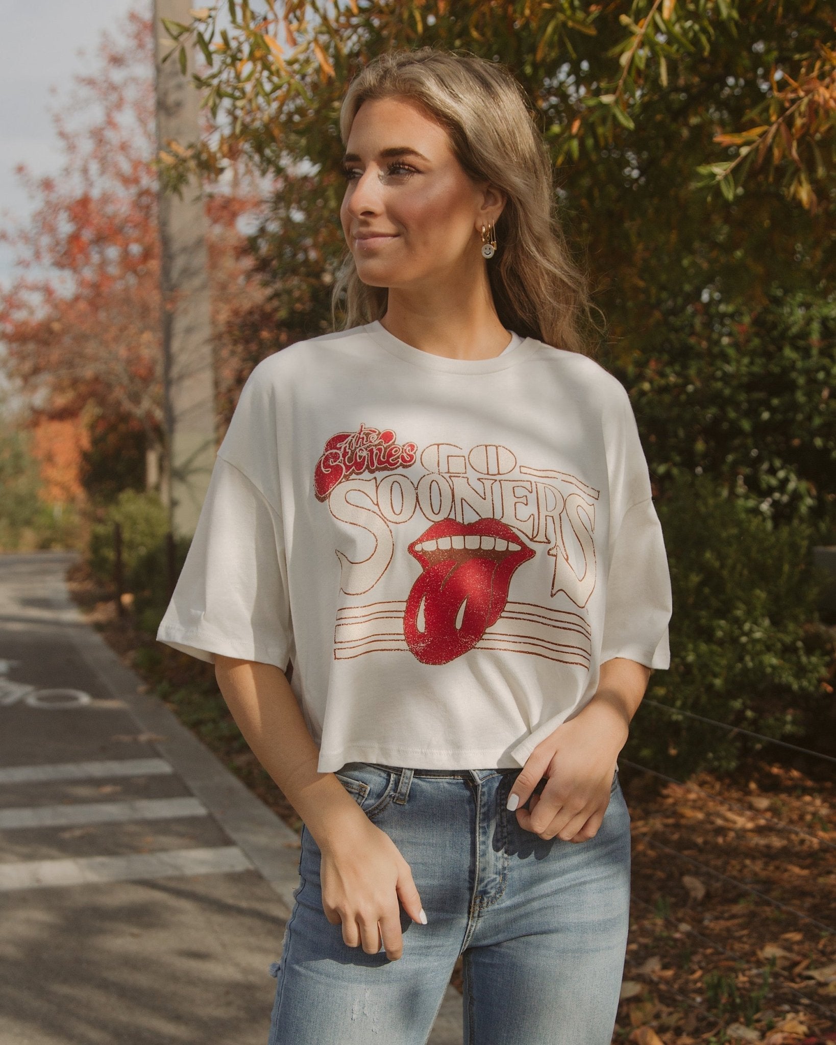 Rolling Stones OU Sooners Stoned White Cropped Tee - shoplivylu