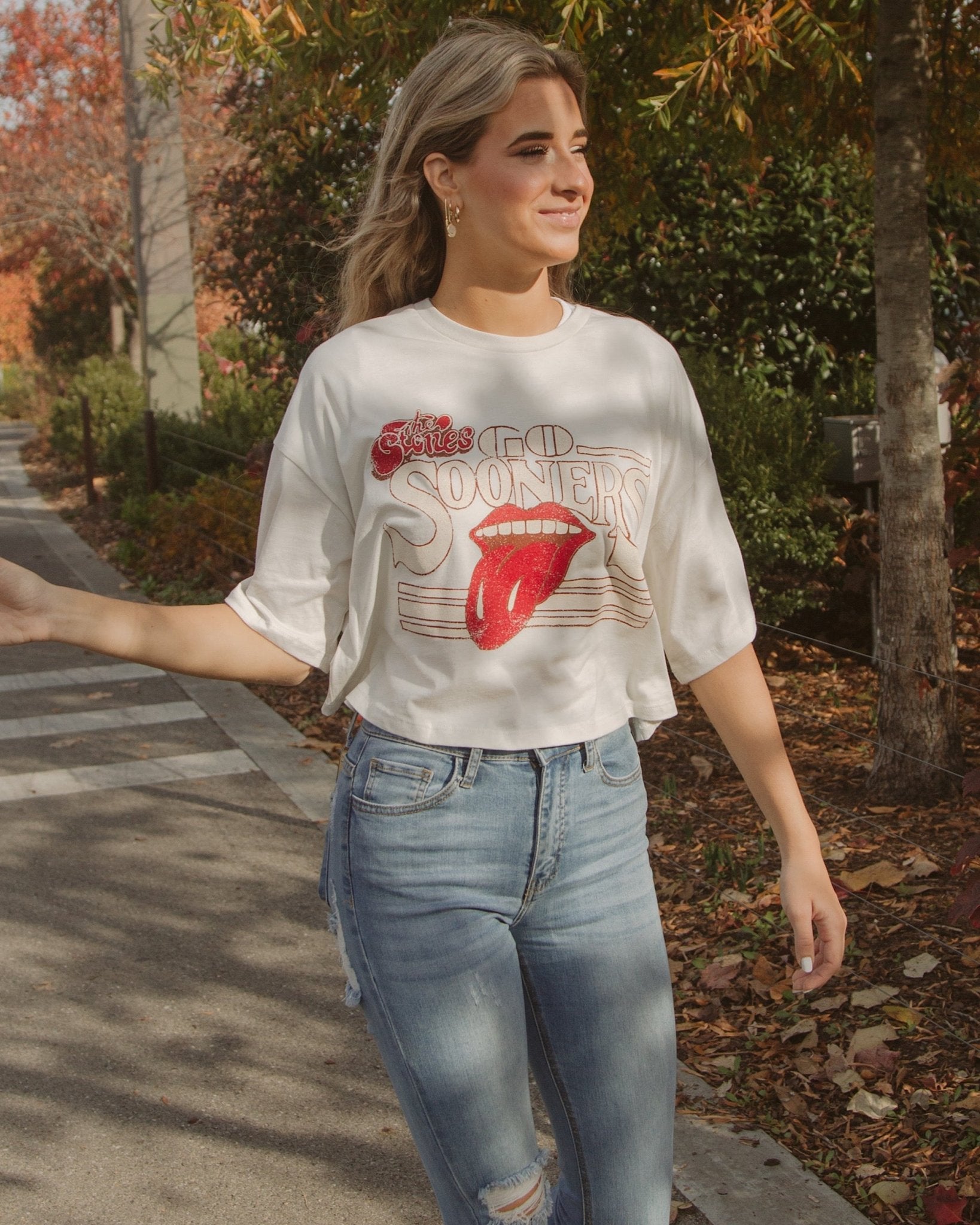 Rolling Stones OU Sooners Stoned White Cropped Tee - shoplivylu