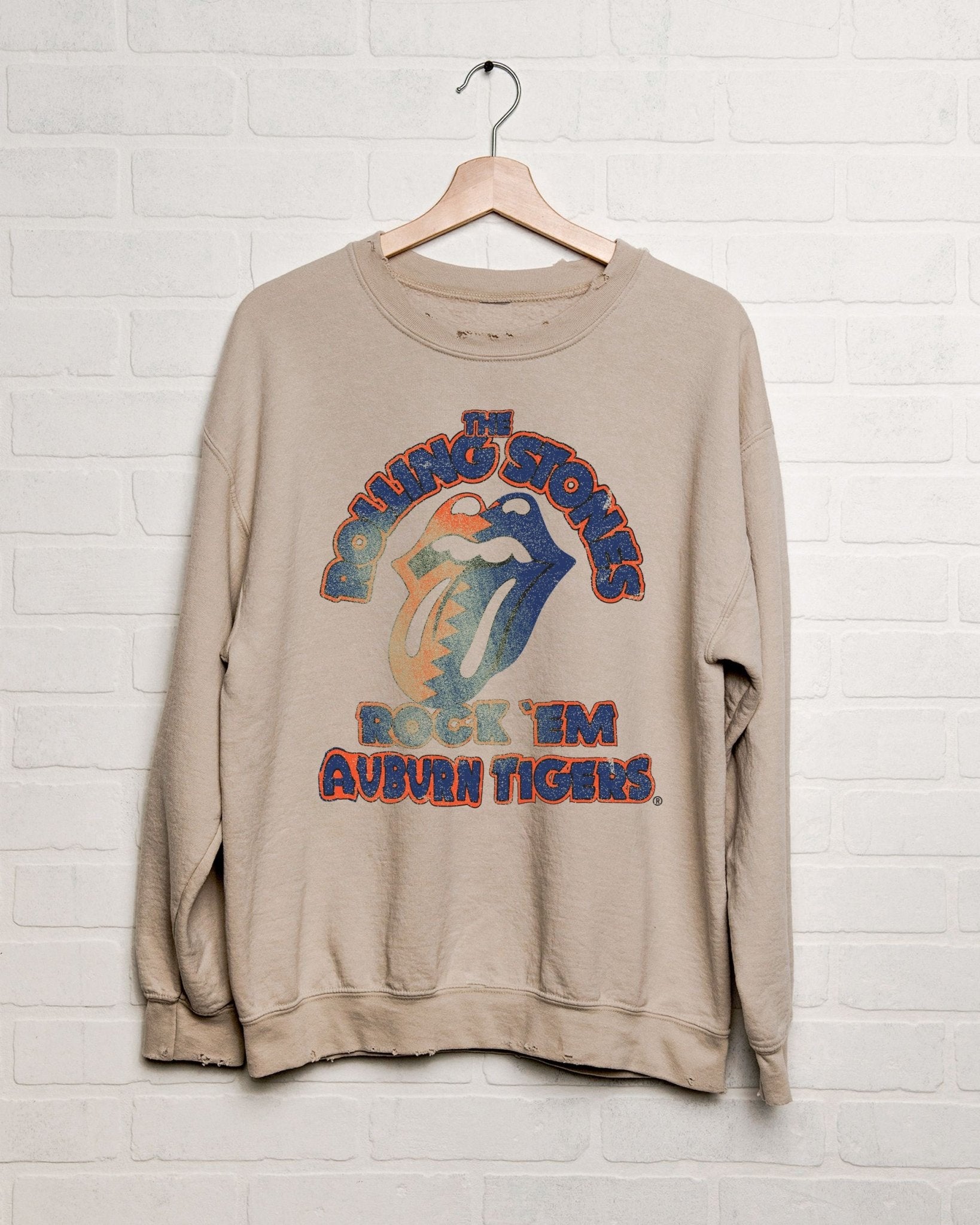Rolling Stones Rock 'Em Auburn Tigers Sand Thrifted Sweatshirt - shoplivylu