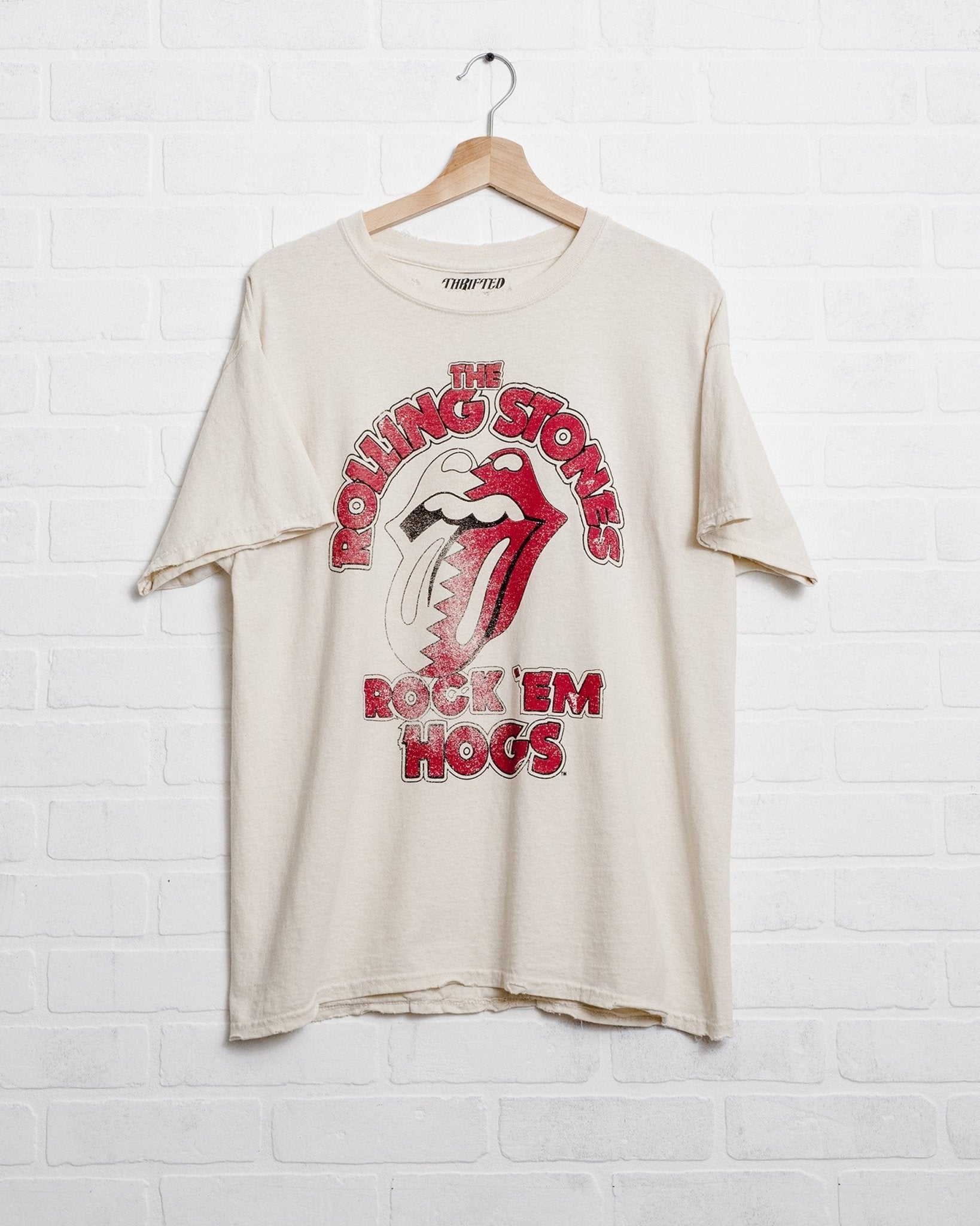 Rolling Stones Rock 'Em Hogs Off White Thrifted Tee - shoplivylu