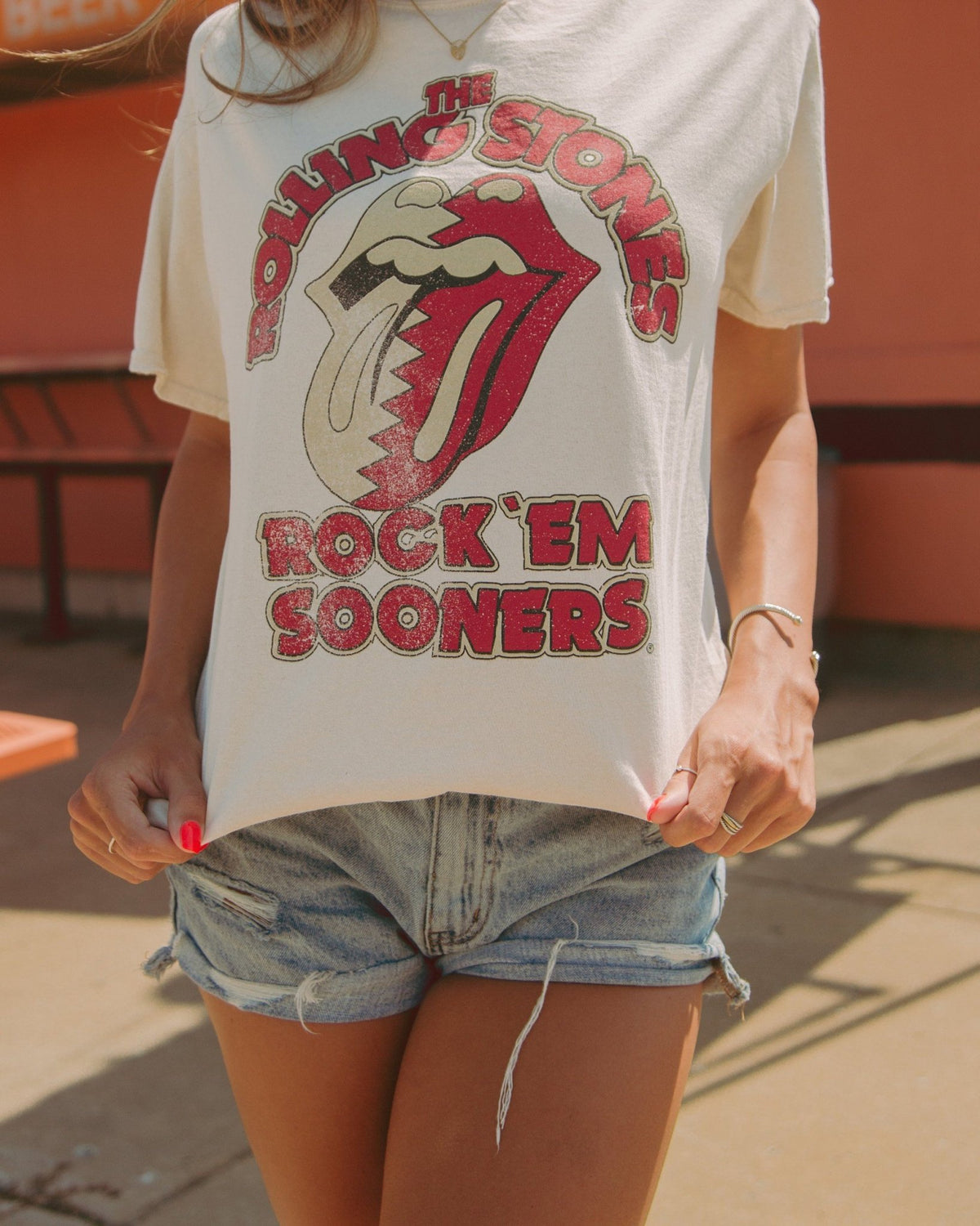 Rolling Stones Rock 'Em Sooners Off White Thrifted Tee - shoplivylu