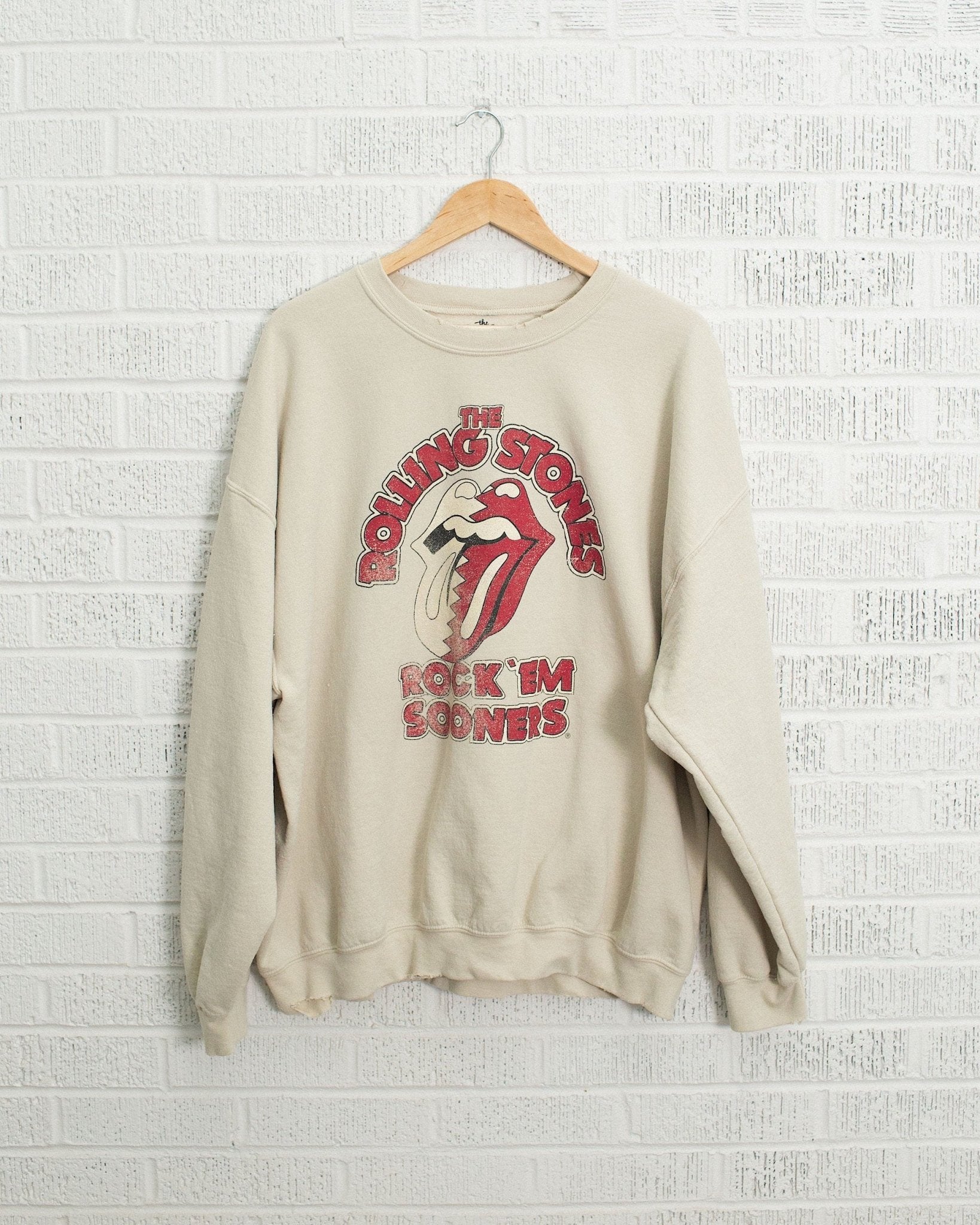 Rolling Stones Rock 'Em Sooners Sand Thrifted Sweatshirt - shoplivylu