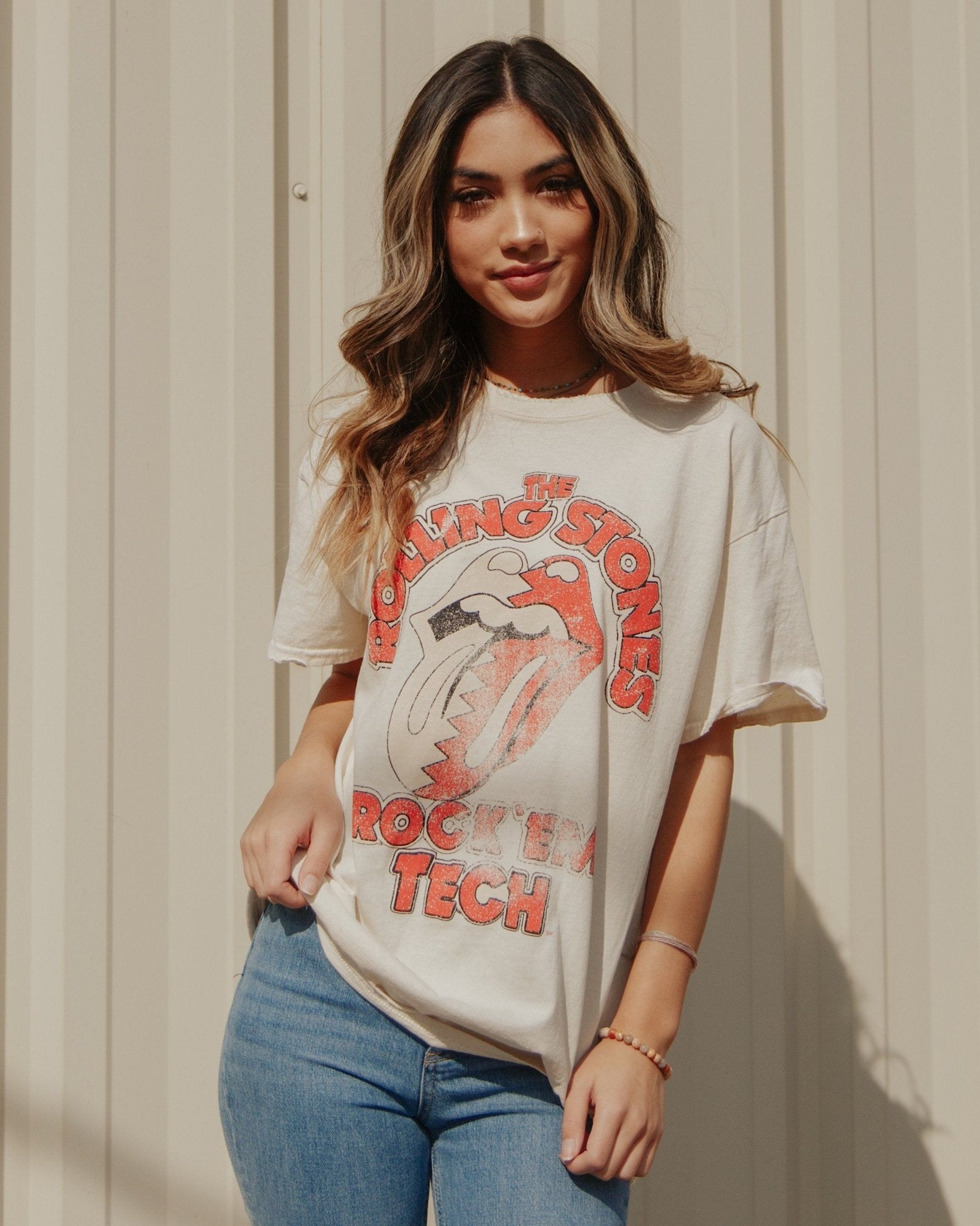 Rolling Stones Rock 'Em Texas Tech Off White Thrifted Tee - shoplivylu
