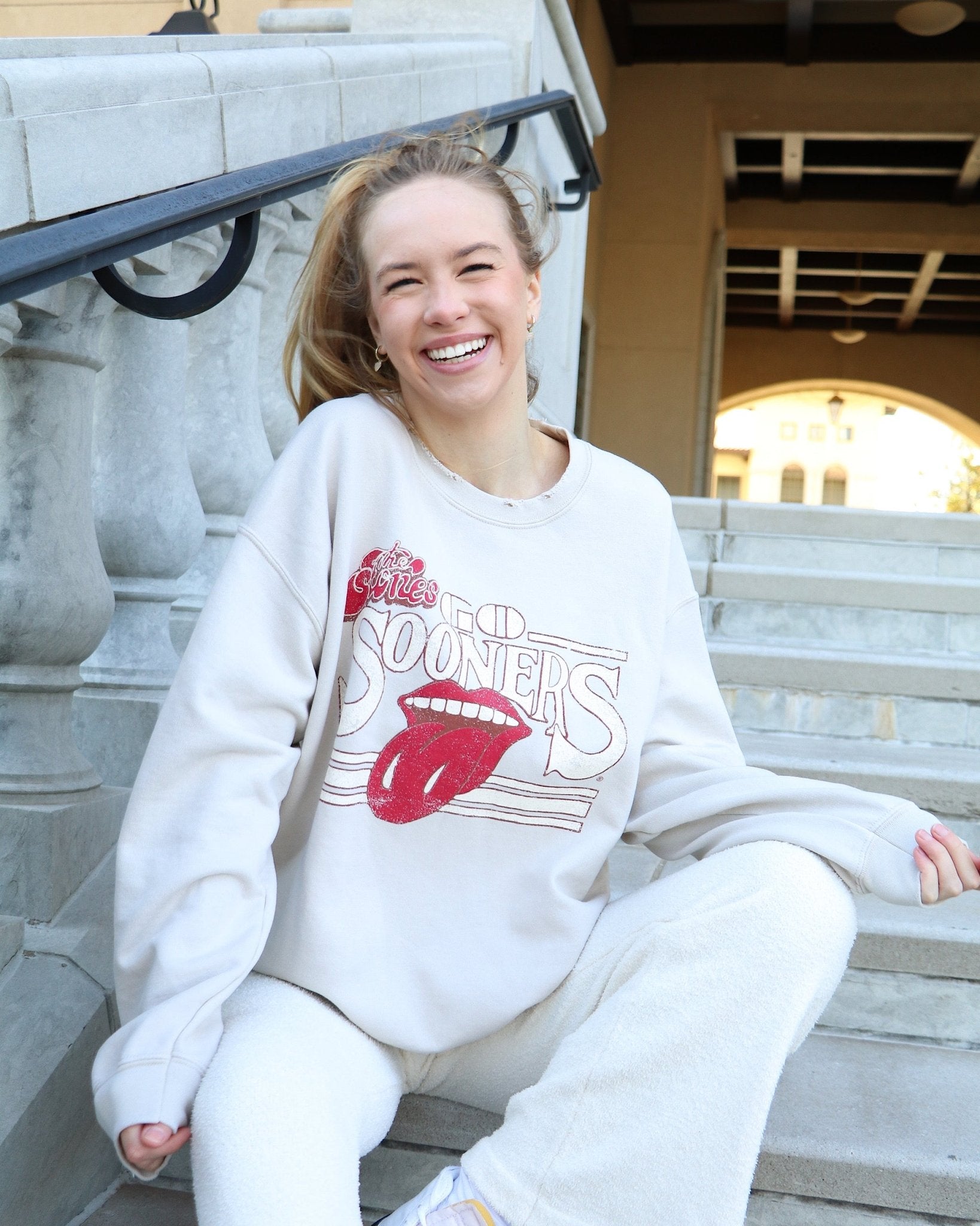 Rolling Stones Sooners Stoned Sand Thrifted Sweatshirt - shoplivylu