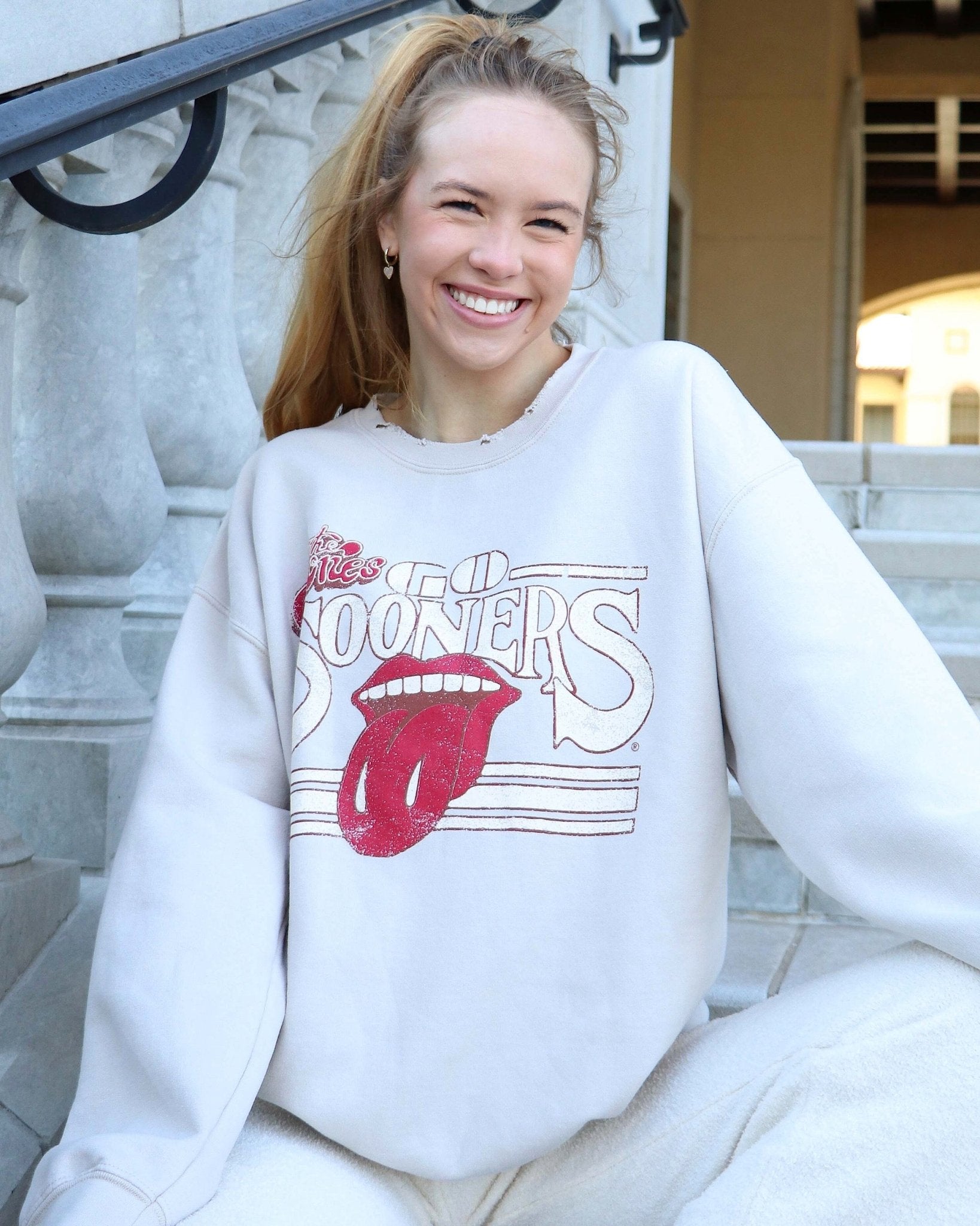 Rolling Stones Sooners Stoned Sand Thrifted Sweatshirt - shoplivylu