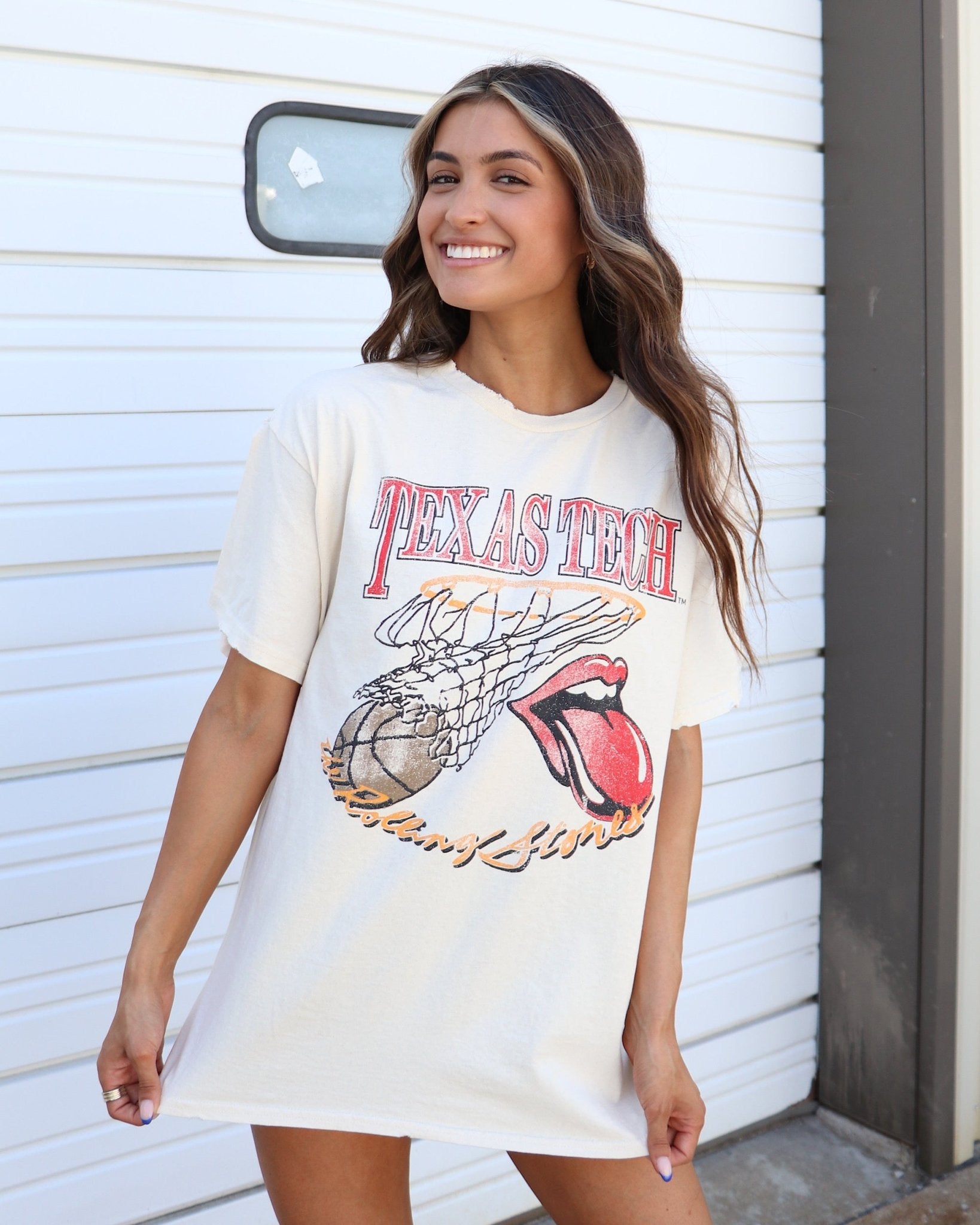 Rolling Stones Texas Tech Basketball Net Off White Thrifted Tee - shoplivylu