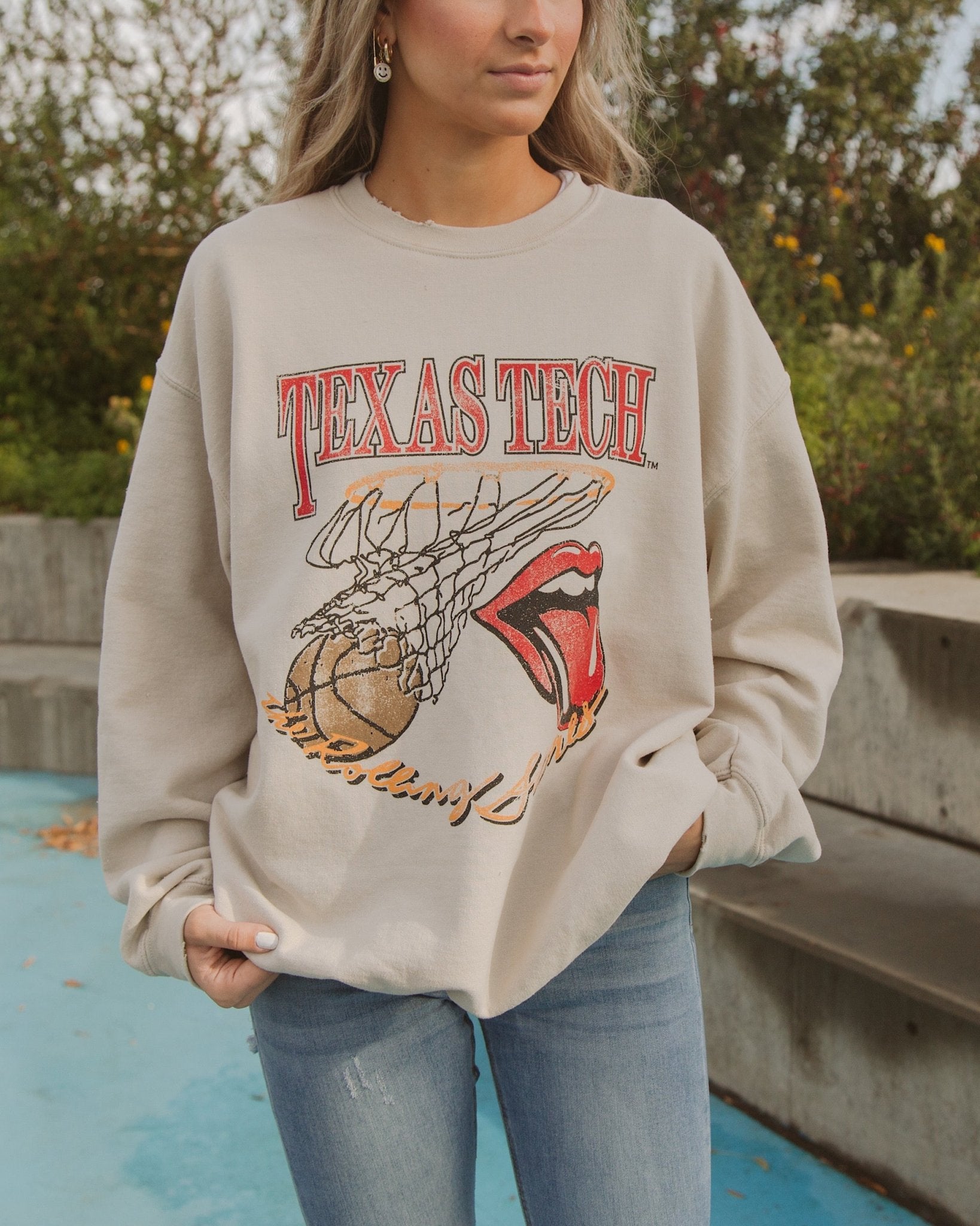 Rolling Stones Texas Tech Basketball Net Sand Thrifted Sweatshirt - shoplivylu