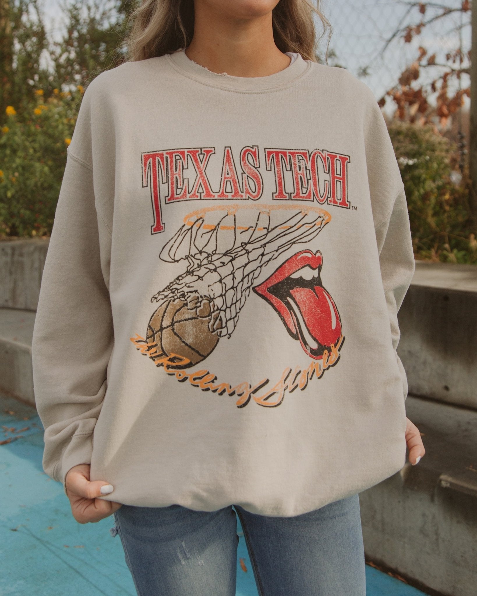 Rolling Stones Texas Tech Basketball Net Sand Thrifted Sweatshirt - shoplivylu