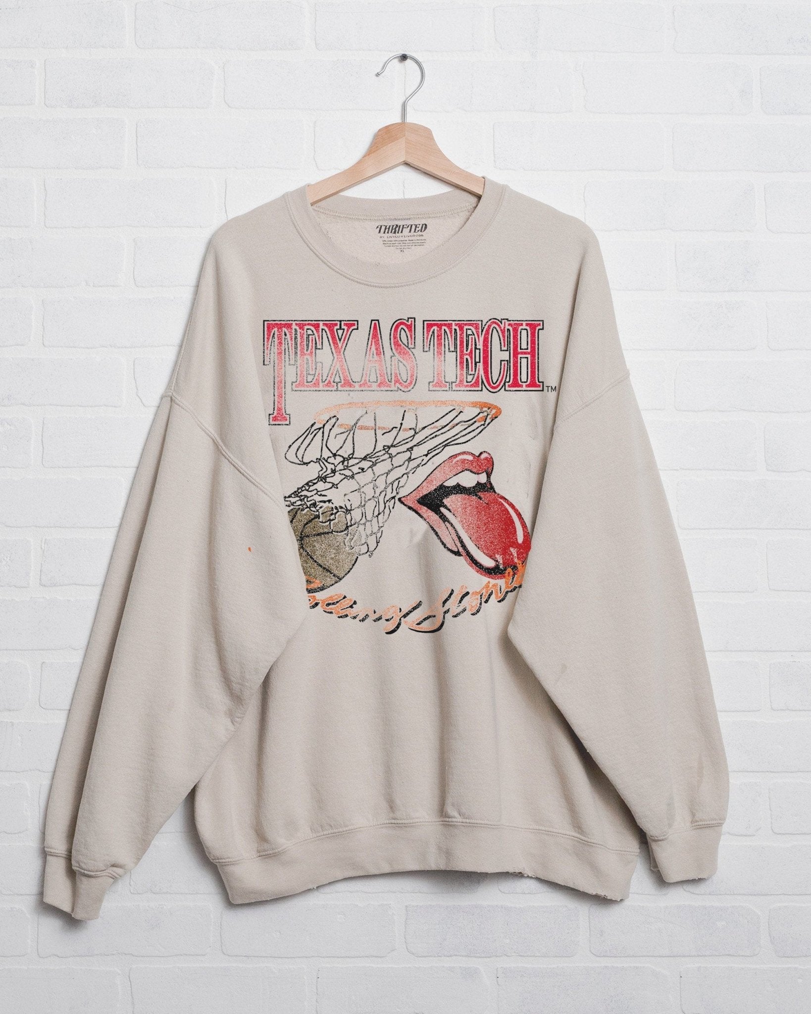 Rolling Stones Texas Tech Basketball Net Sand Thrifted Sweatshirt - shoplivylu