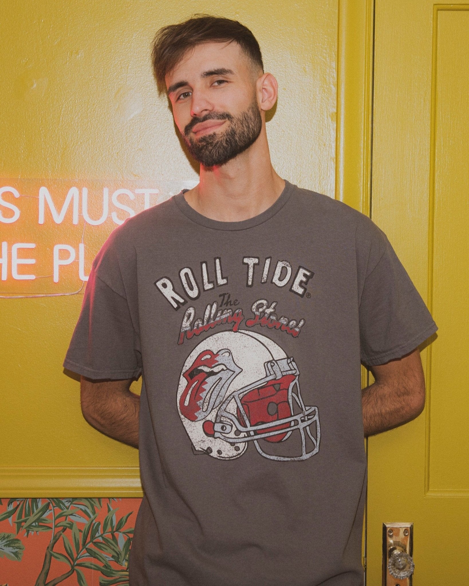 Rolling Stones University of Alabama Helmet Lick Charcoal Thrifted Tee - shoplivylu