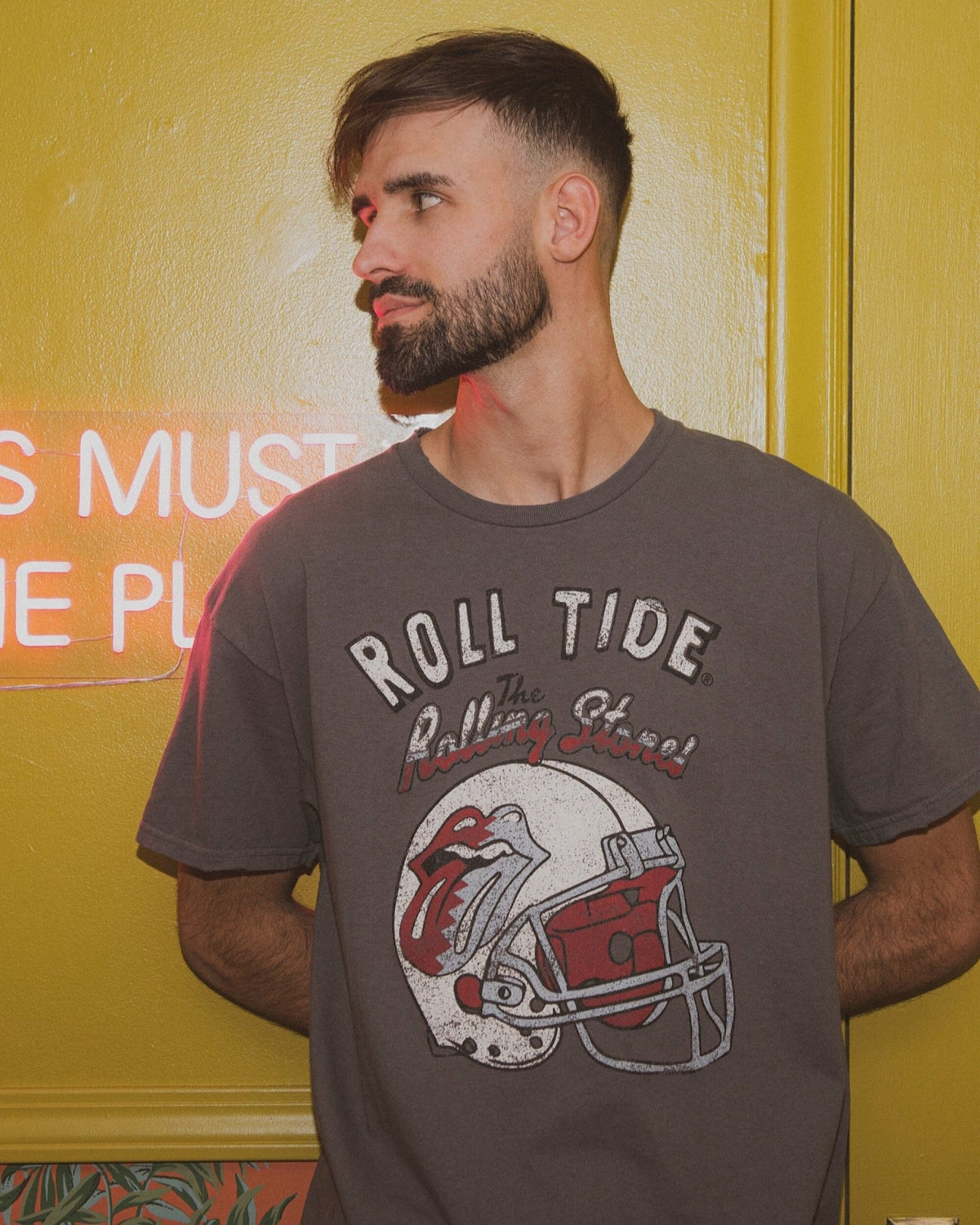 Rolling Stones University of Alabama Helmet Lick Charcoal Thrifted Tee - shoplivylu