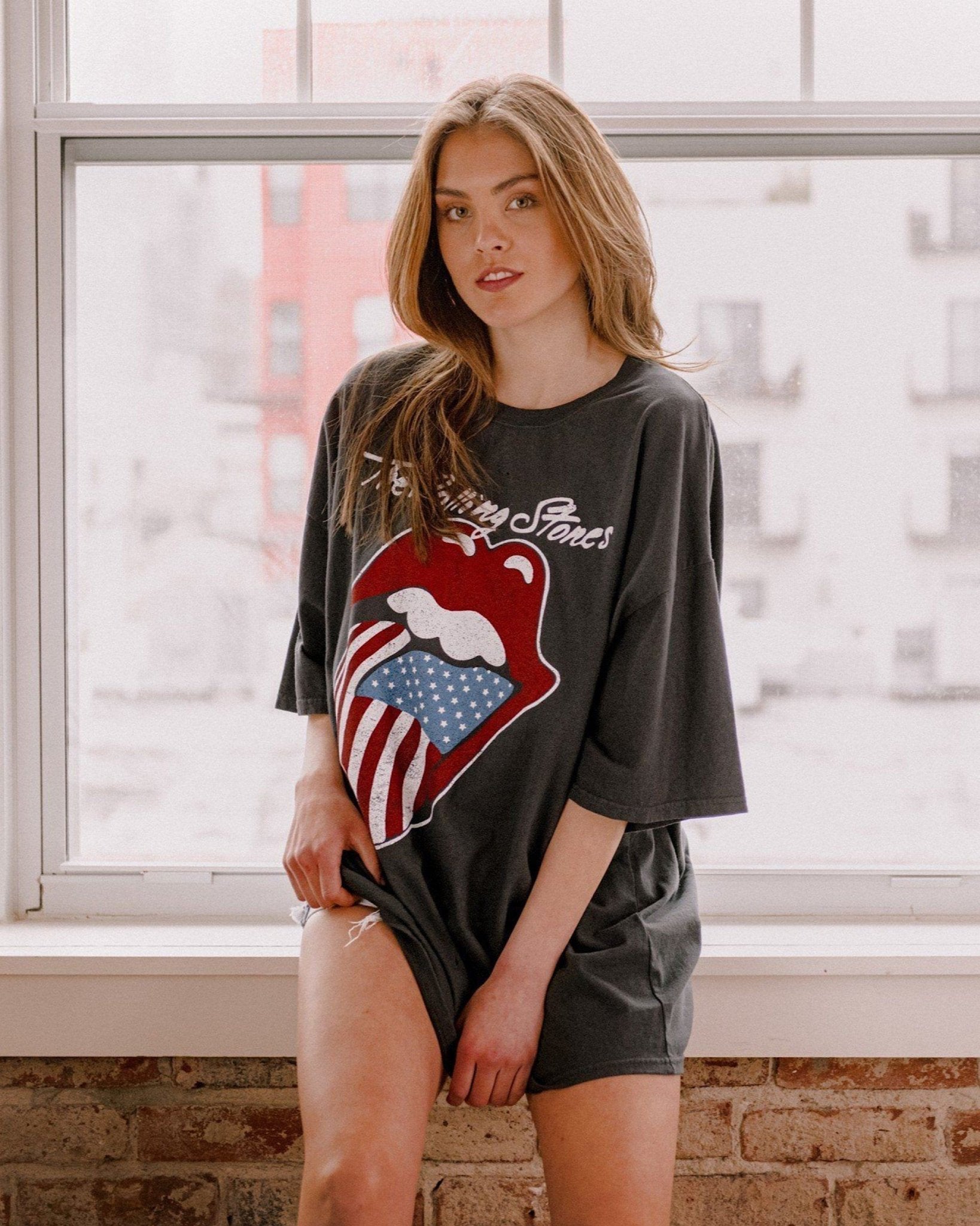 Rolling Stones USA Flag Lick Off Black Oversized Distressed Tee - shoplivylu