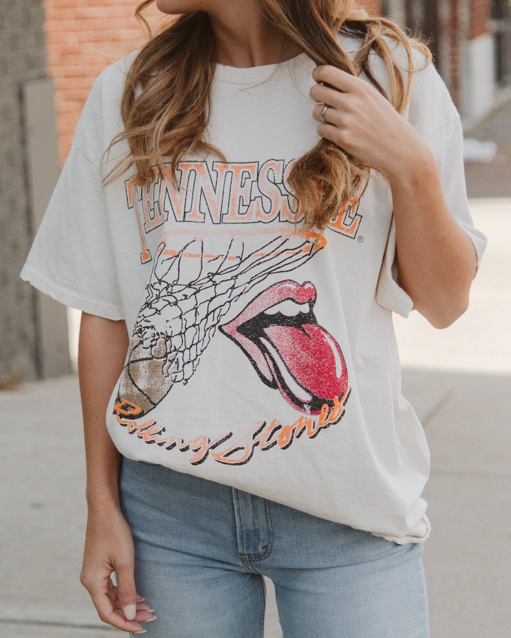 Rolling Stones Volunteers Basketball Net Off White Thrifted Tee - shoplivylu