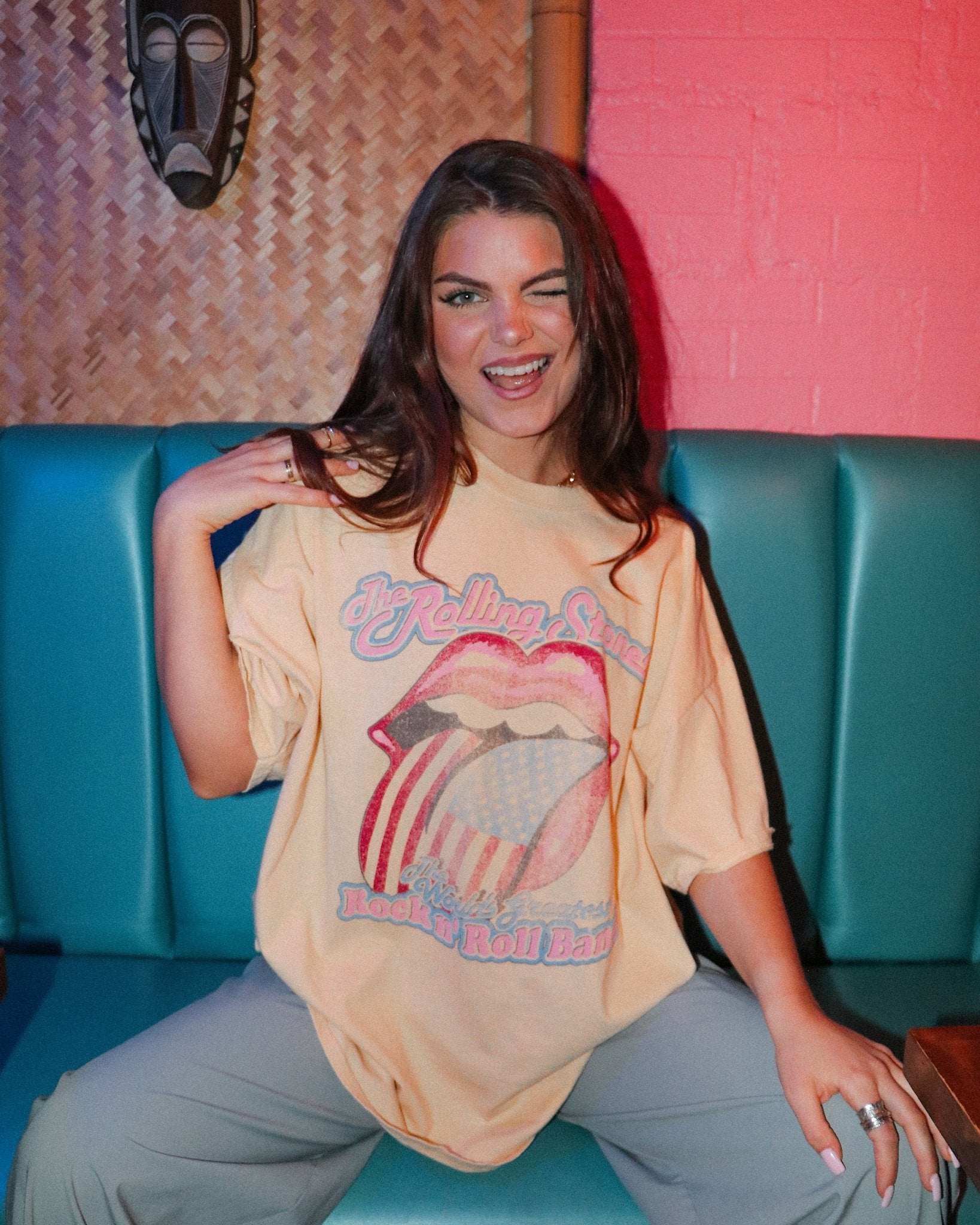 Rolling Stones World's Greatest Band Yellow Thrifted Distressed Tee - shoplivylu