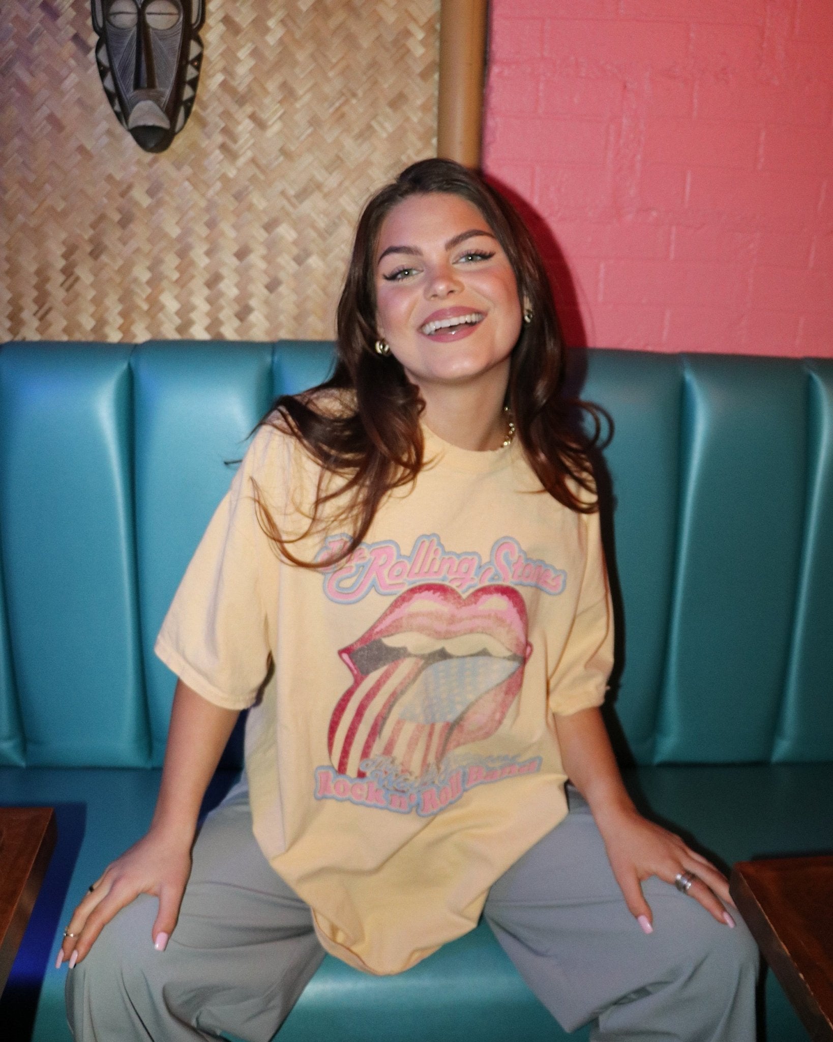 Rolling Stones World's Greatest Band Yellow Thrifted Distressed Tee - shoplivylu