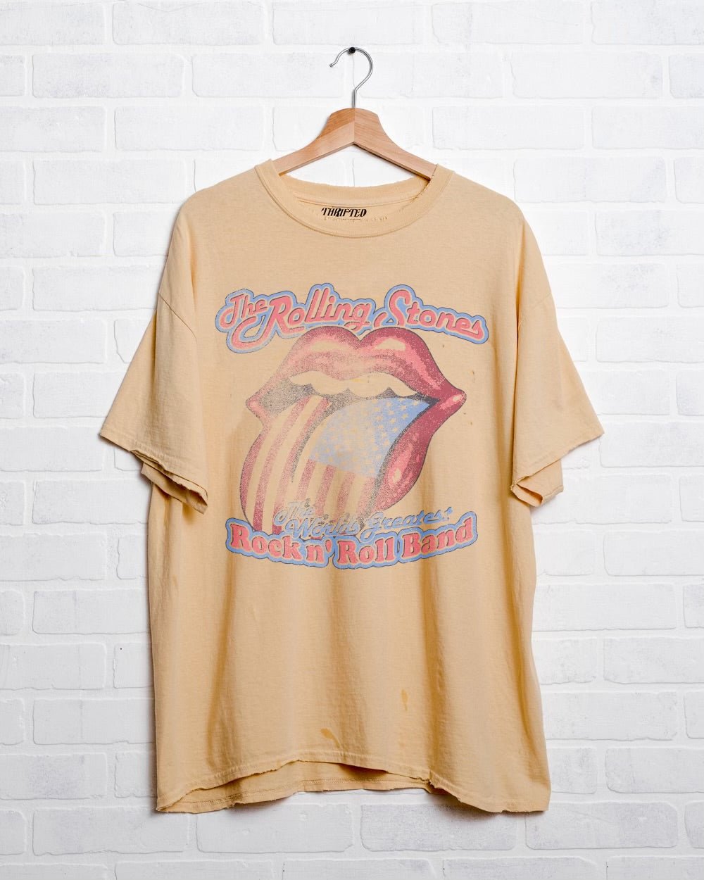 Rolling Stones World's Greatest Band Yellow Thrifted Distressed Tee - shoplivylu