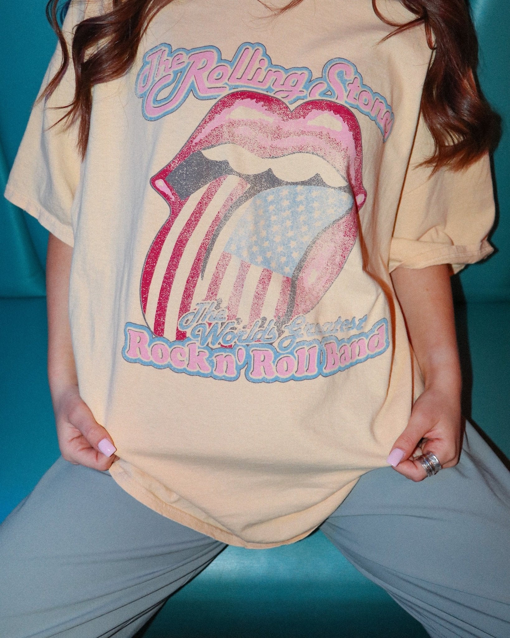 Rolling Stones World's Greatest Band Yellow Thrifted Distressed Tee - shoplivylu