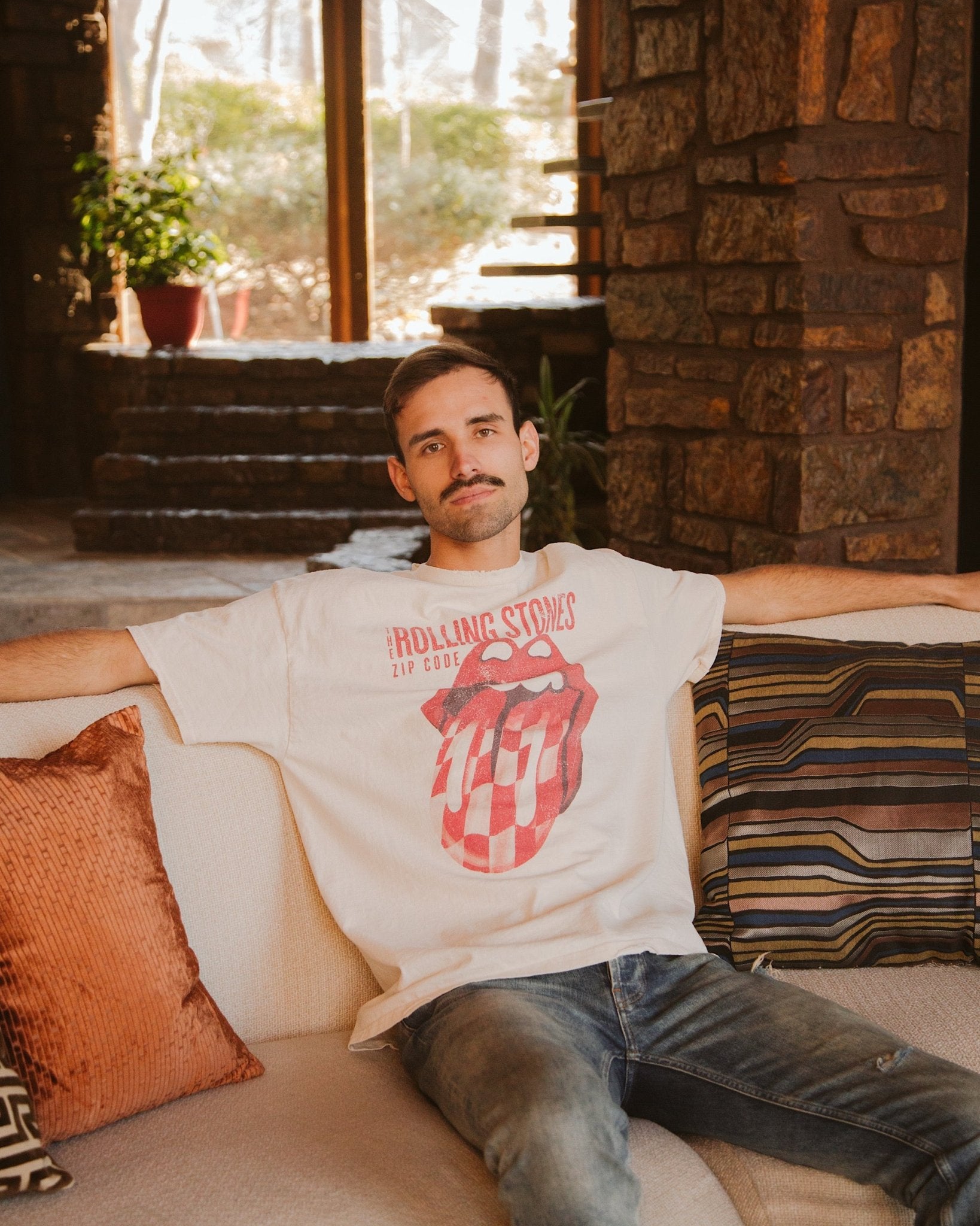 Rolling Stones Zip Code Off White Thrifted Distressed Tee - shoplivylu