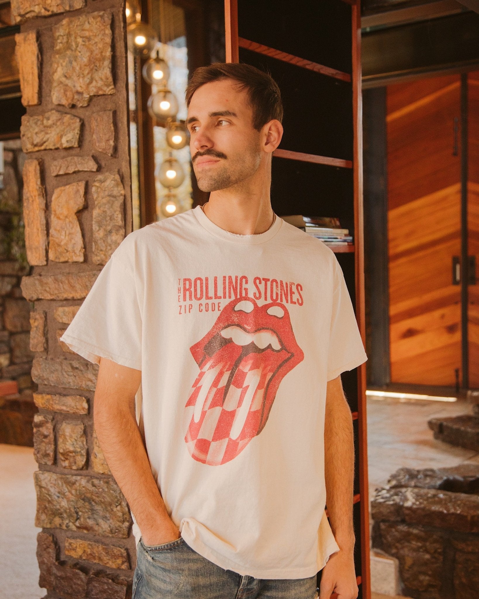 Rolling Stones Zip Code Off White Thrifted Distressed Tee - shoplivylu