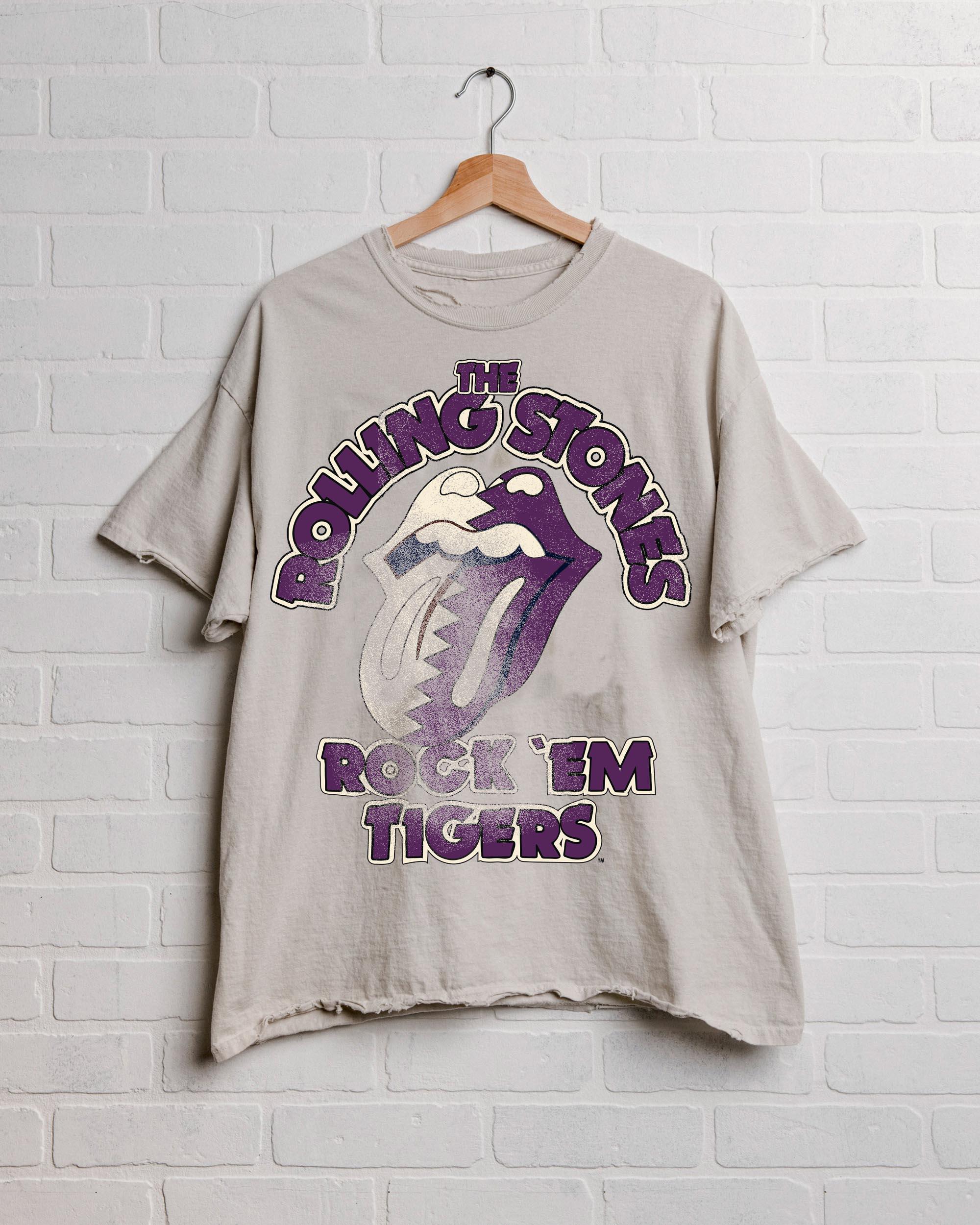 Rolling Stones Rock 'Em LSU Tigers Off White Thrifted Tee - shoplivylu