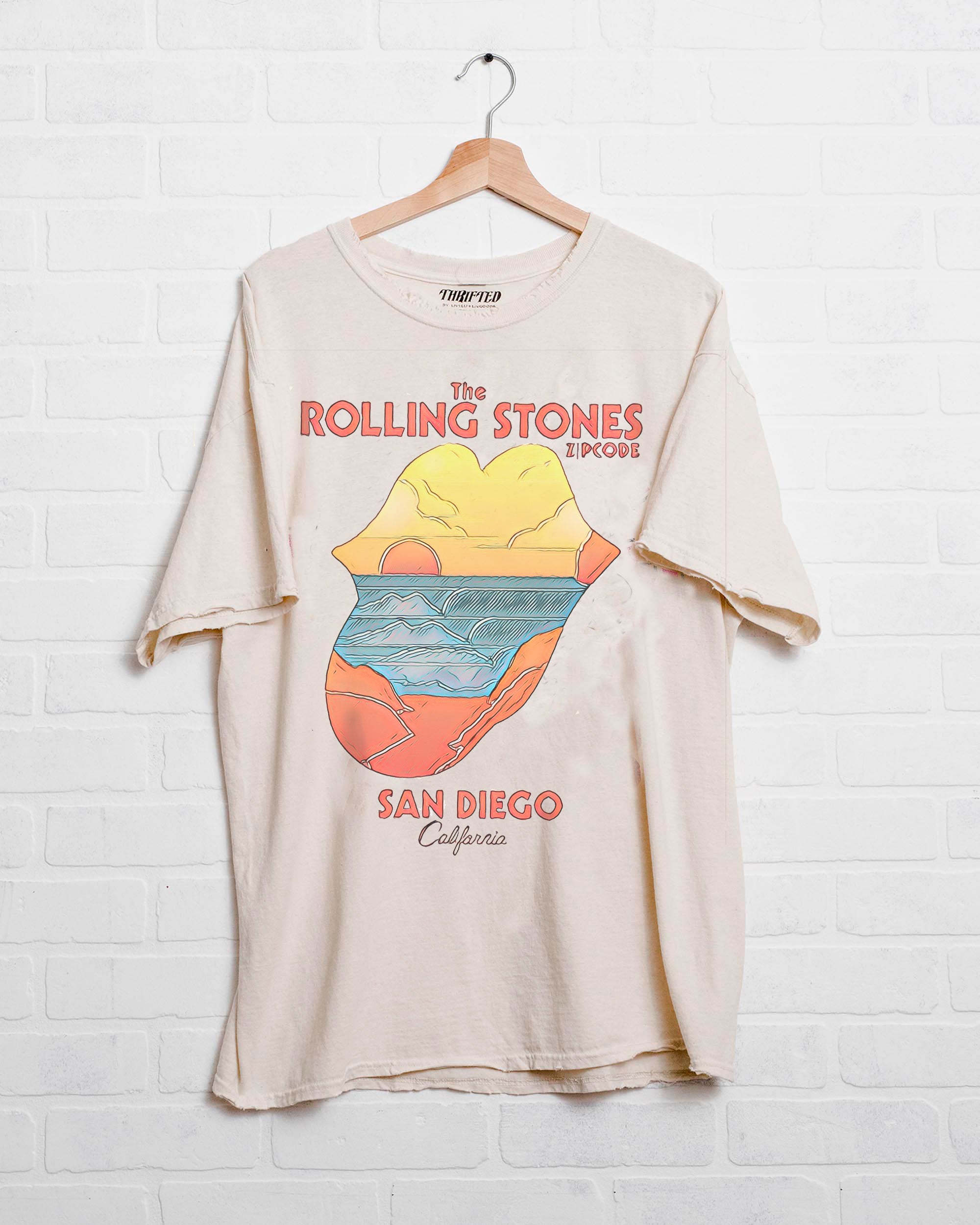 Rolling Stones Zip Code San Diego Off White Thrifted Distressed Tee - shoplivylu