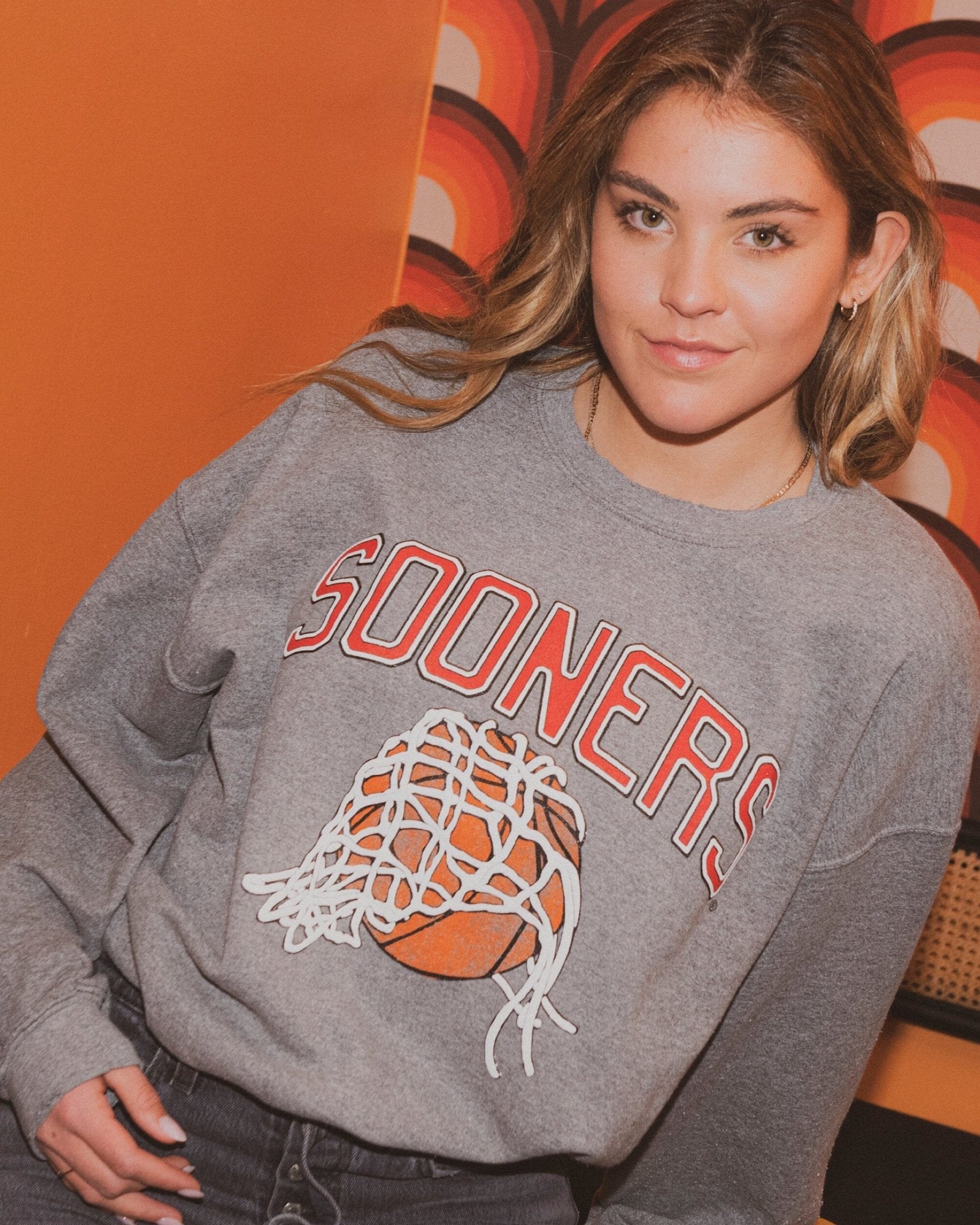 Sooners Basketball Fling Puff Ink Gray Thrifted Sweatshirt - shoplivylu