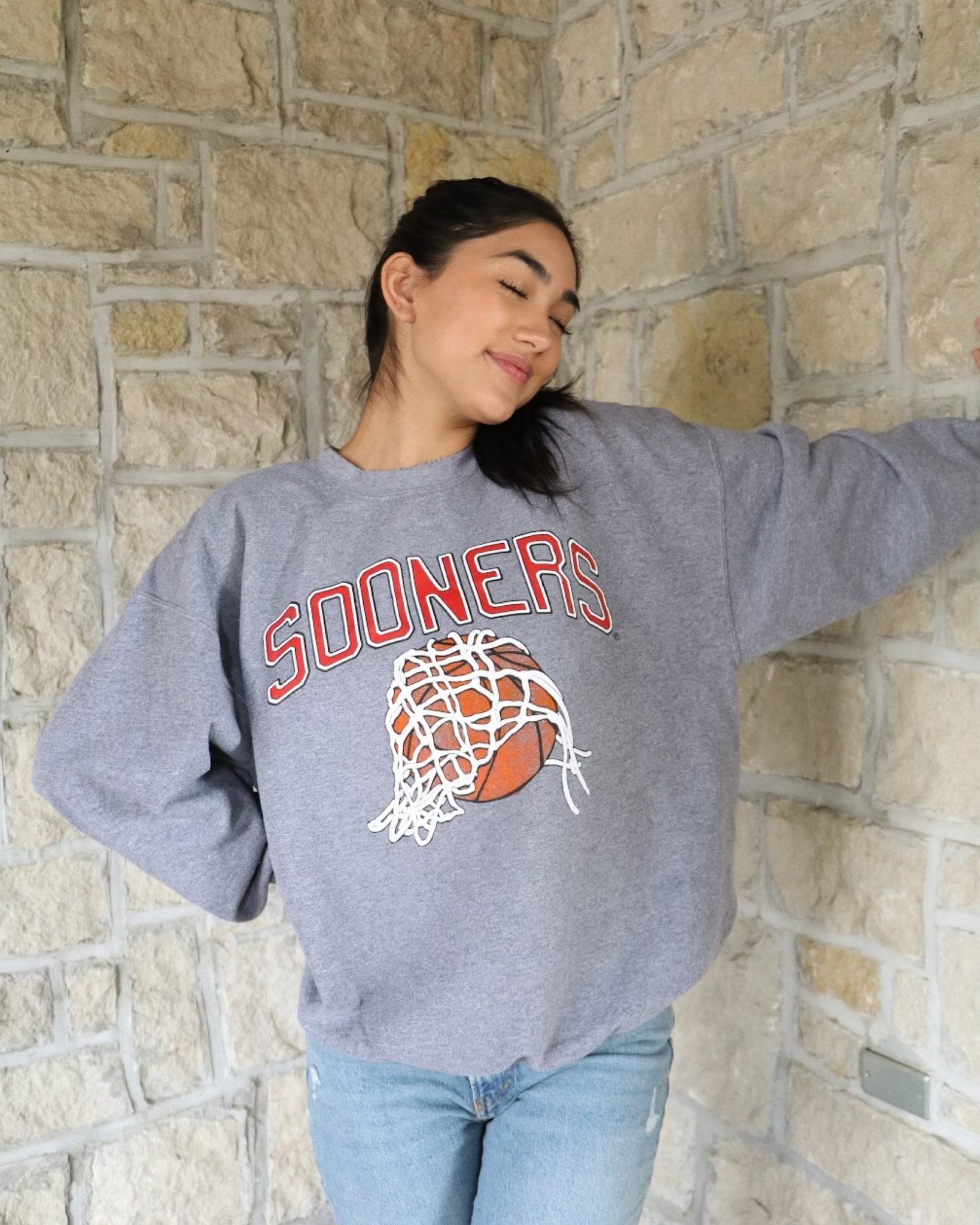 Sooners Basketball Fling Puff Ink Gray Thrifted Sweatshirt - shoplivylu