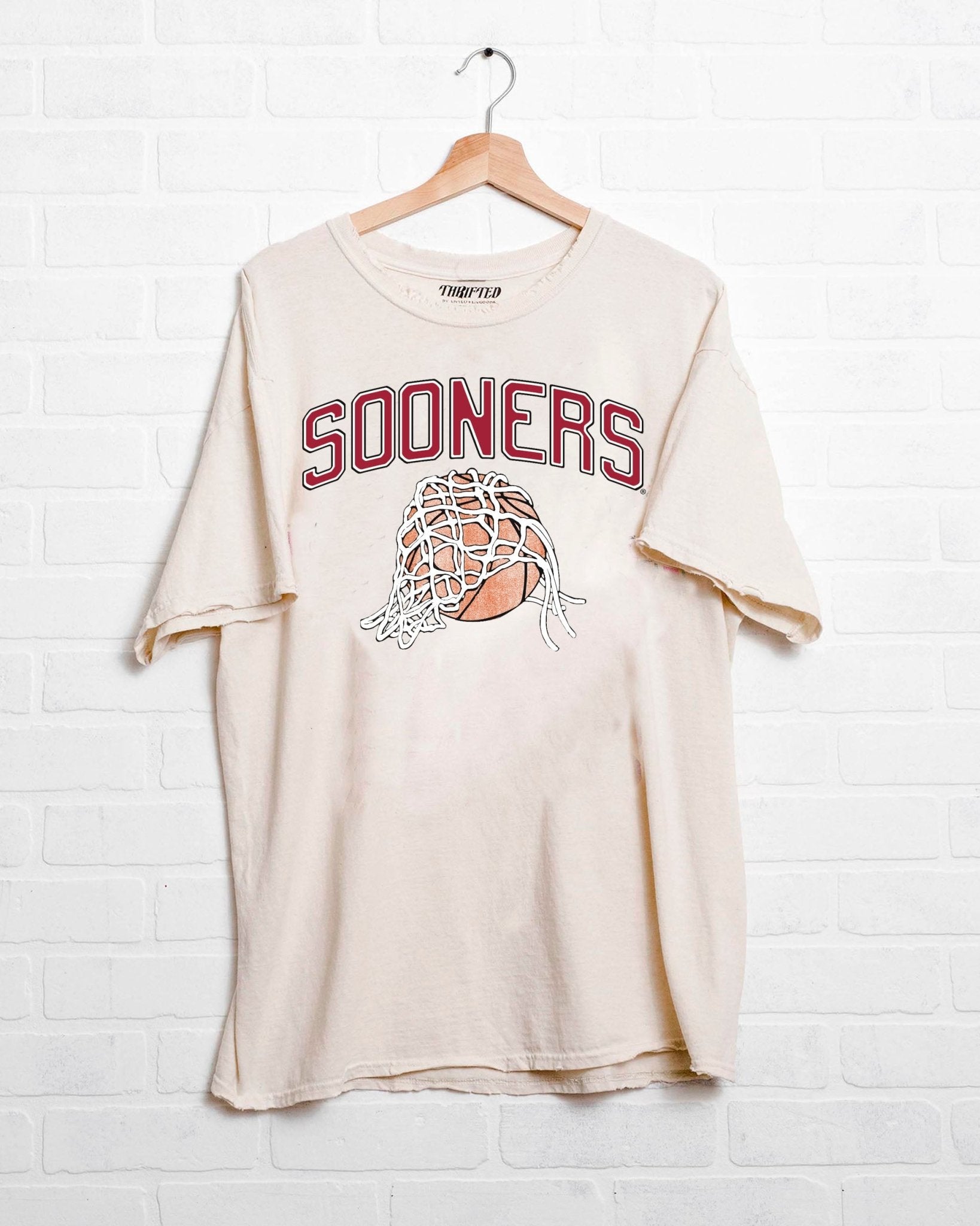 Sooners Basketball Fling Puff Ink Off White Thrifted Tee - shoplivylu