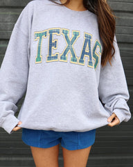 Texas Plaid Arch (Gold Outline) Gray Thrifted Sweatshirt - shoplivylu