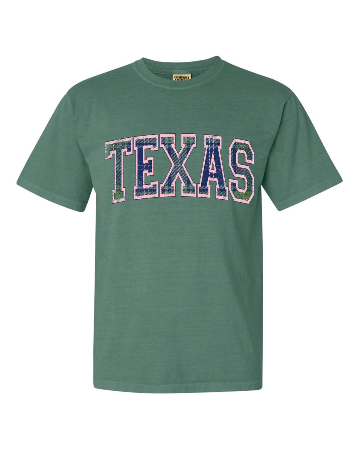 Texas Plaid Arch (Pink Outline) Green Tee - shoplivylu