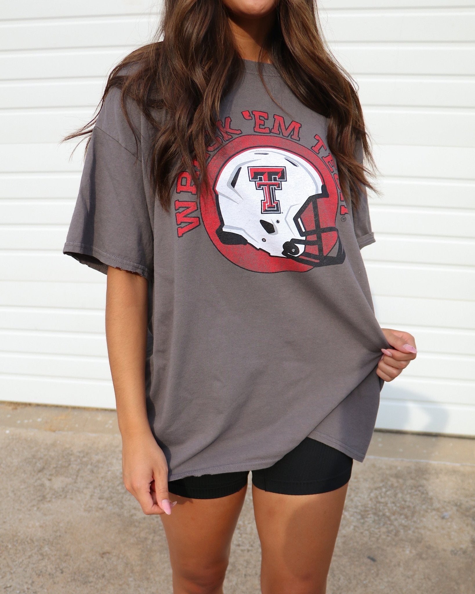 Texas Tech Helmet Circle Charcoal Thrifted Tee - shoplivylu