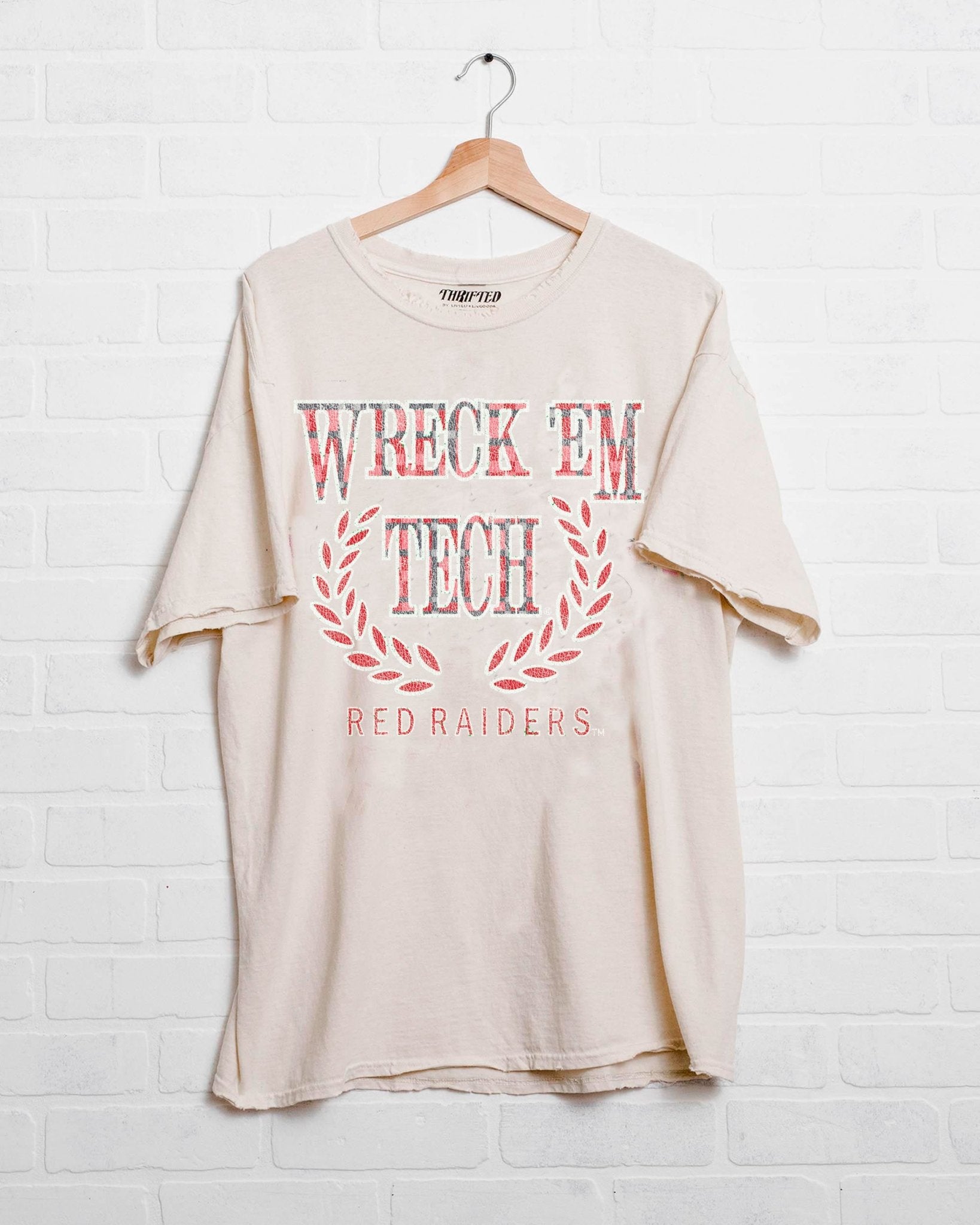 Texas Tech Plaid Crest Off White Thrifted Tee - shoplivylu
