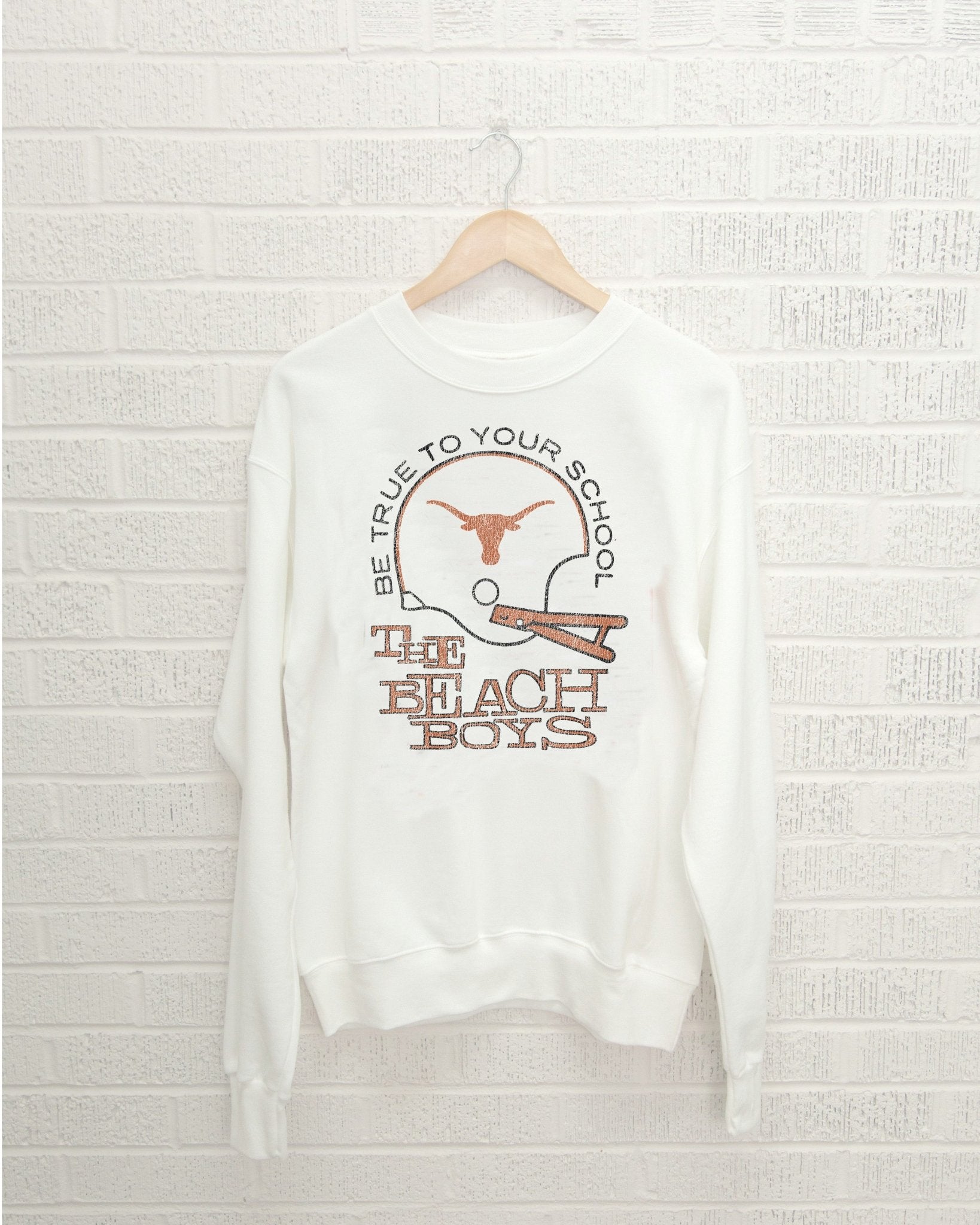 The Beach Boys Longhorns True To Your School White Thrifted Sweatshirt - shoplivylu