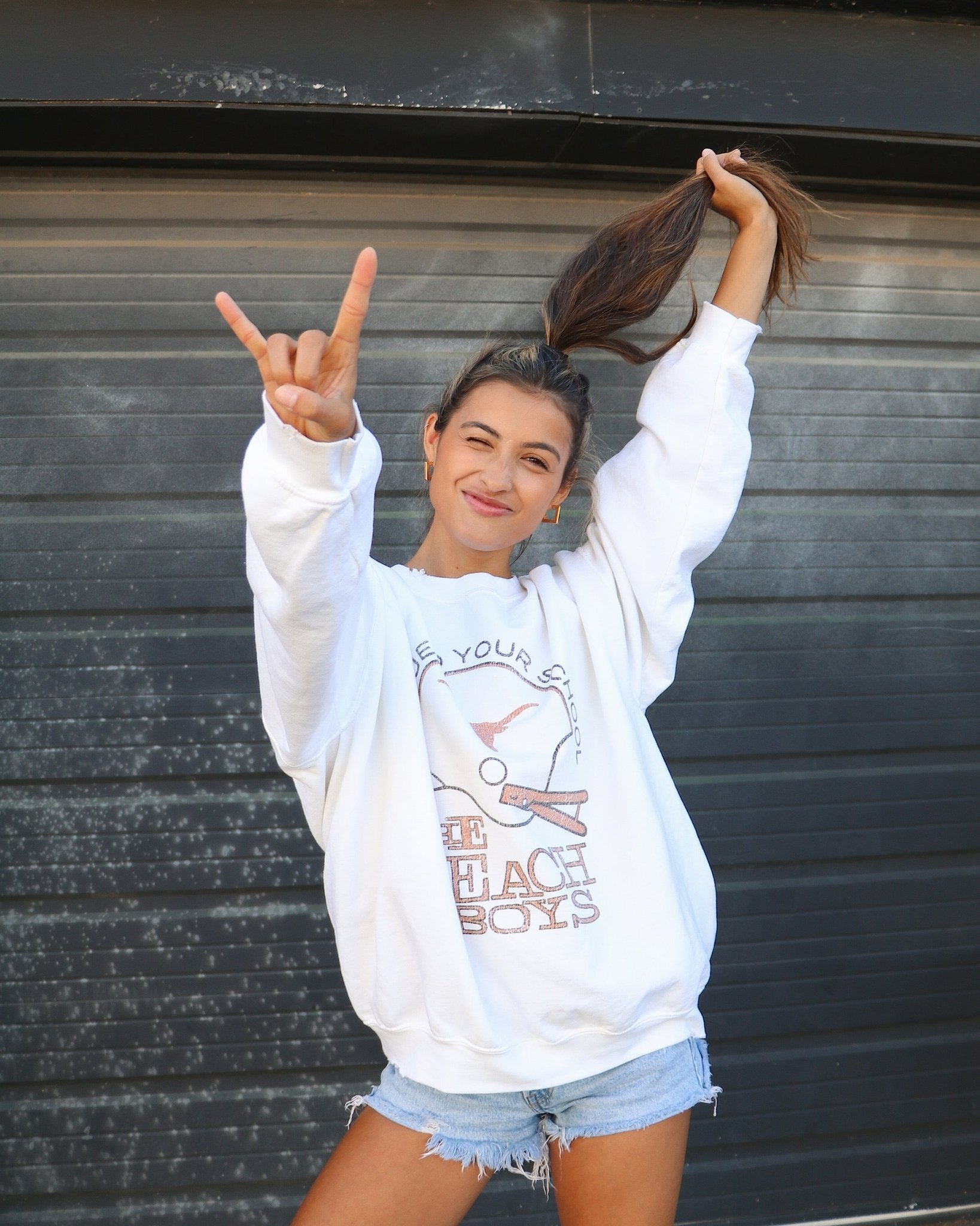 The Beach Boys Longhorns True To Your School White Thrifted Sweatshirt - shoplivylu