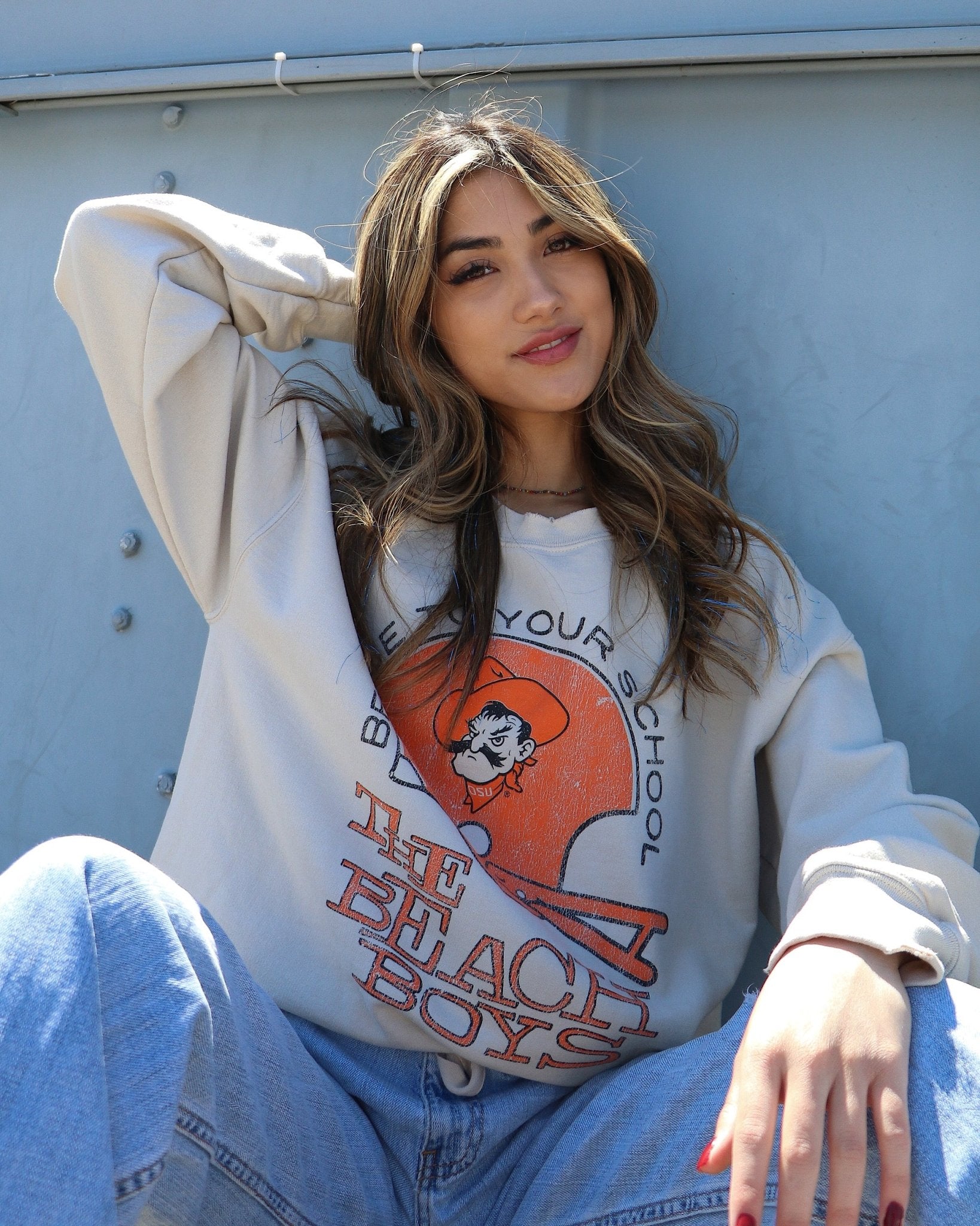 The Beach Boys OSU Cowboys True To Your School Sand Thrifted Sweatshirt - shoplivylu