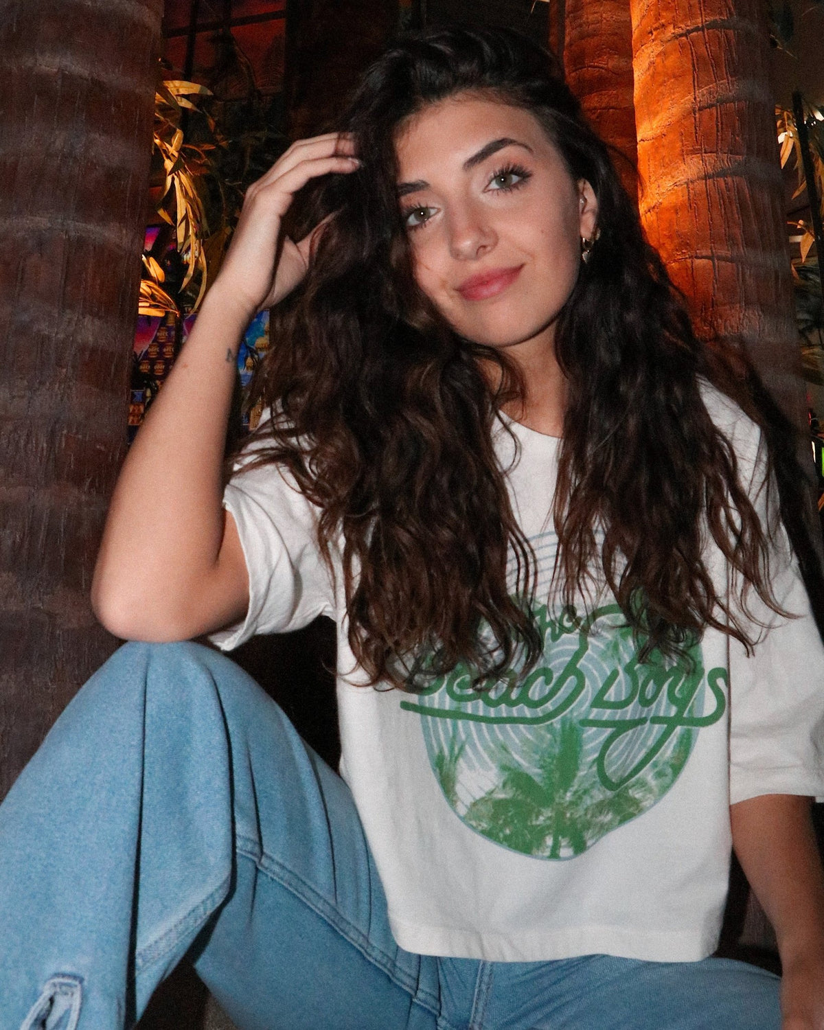 The Beach Boys Palm Circle Off White Cropped Tee - shoplivylu