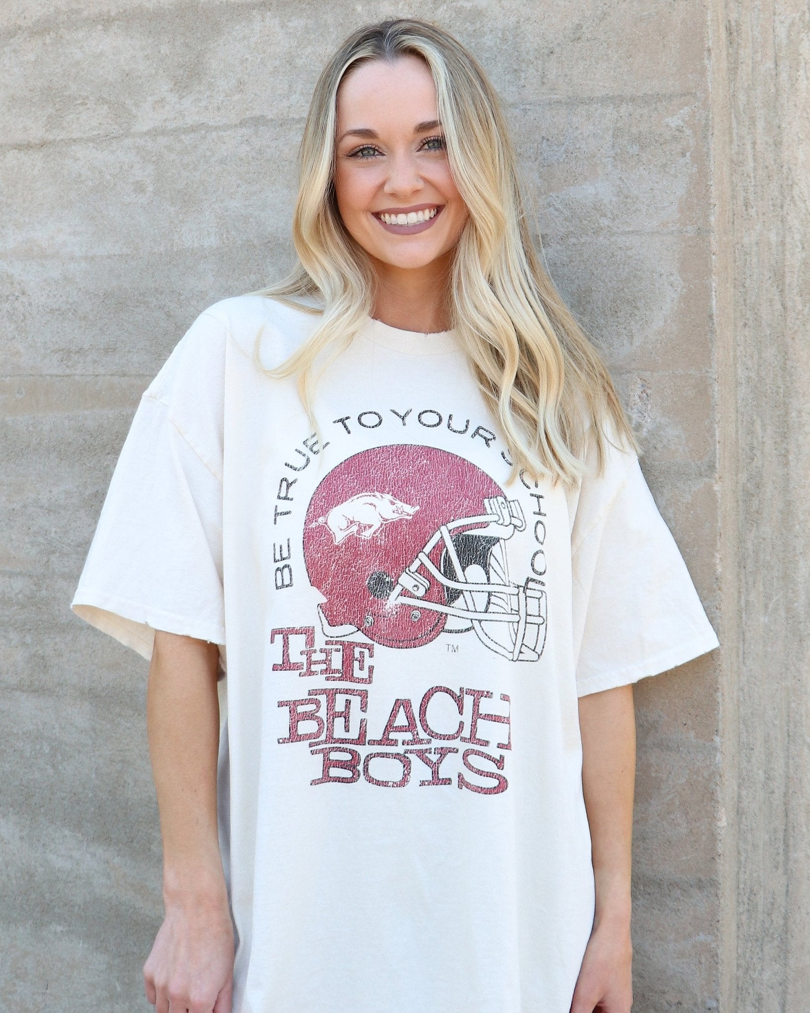 The Beach Boys Razorbacks True To Your School Off White Thrifted Tee - shoplivylu