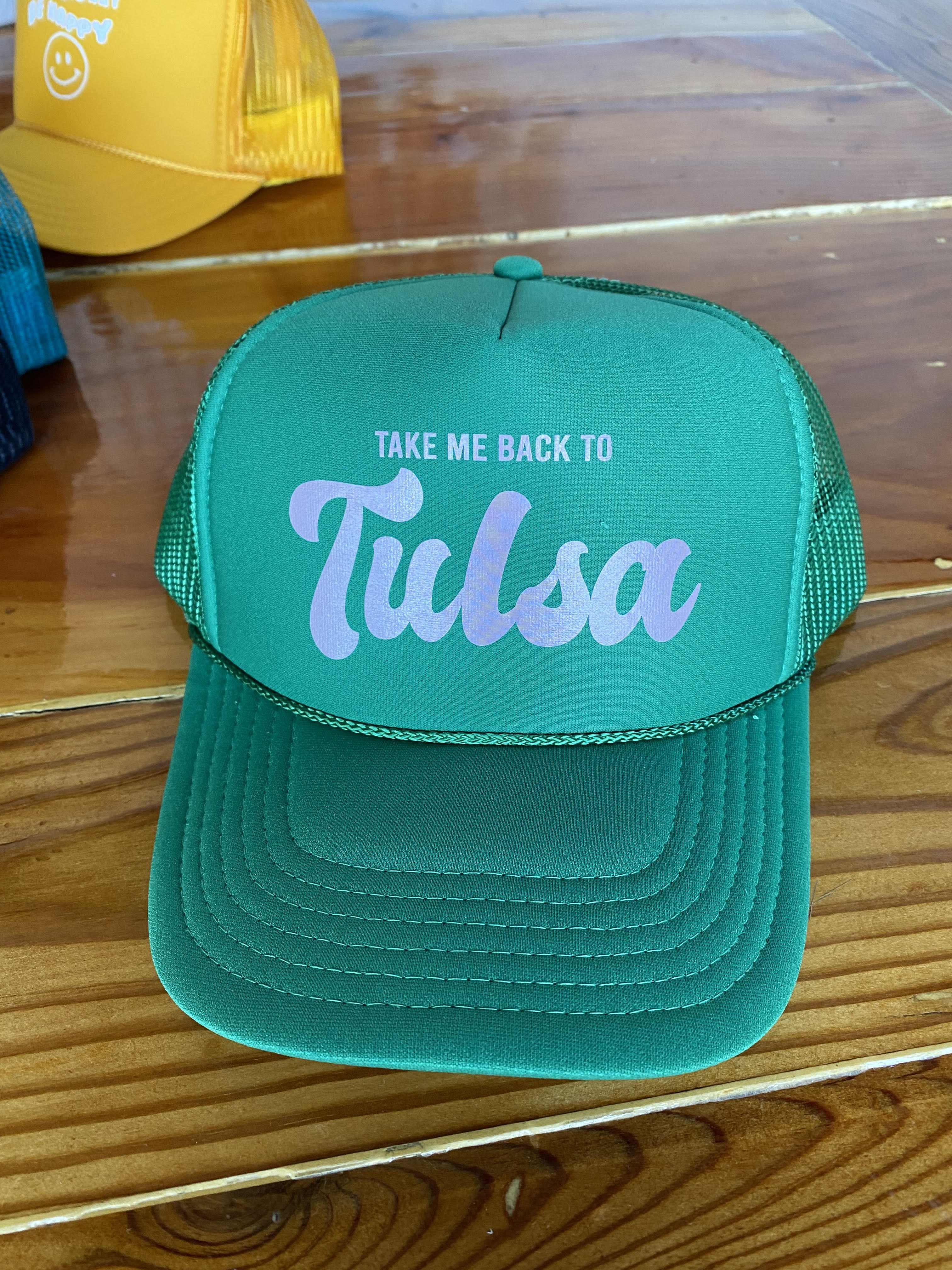 Take Me Back To Tulsa Green Trucker Hat - shoplivylu