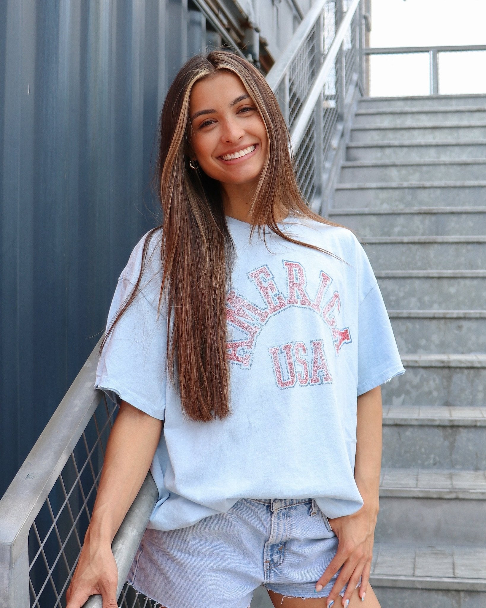 USA Mega Arch Light Blue Thrifted Tee - shoplivylu