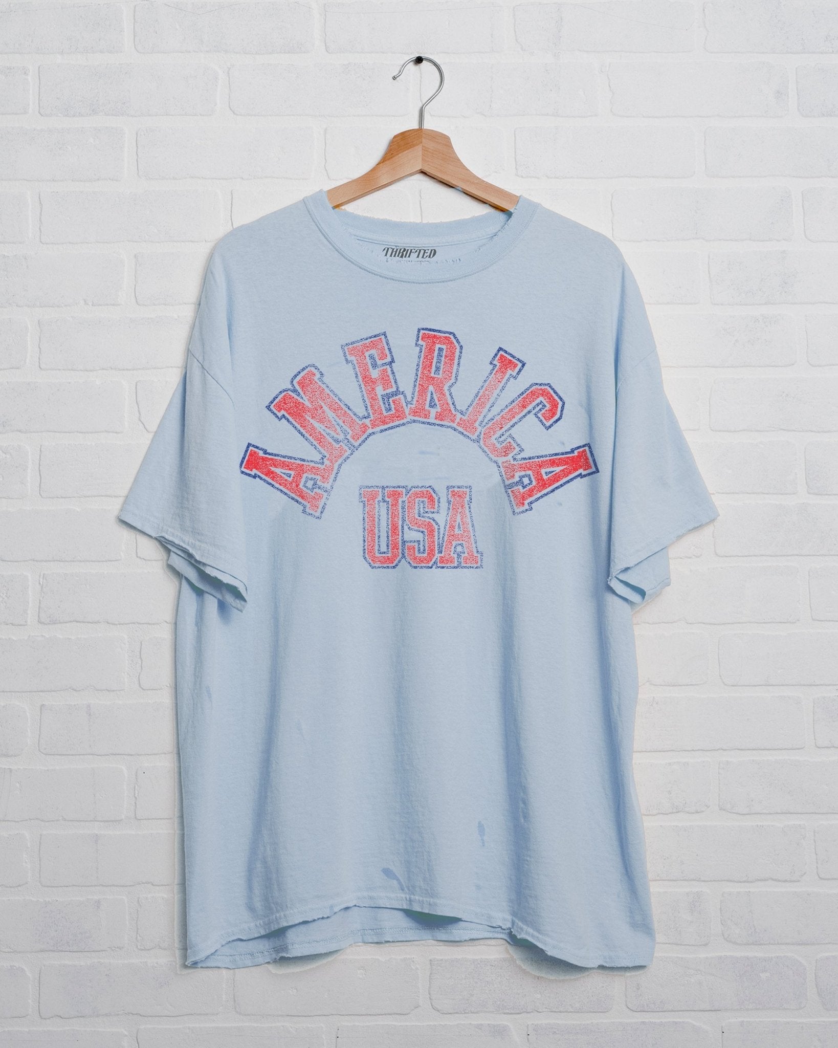 USA Mega Arch Light Blue Thrifted Tee - shoplivylu