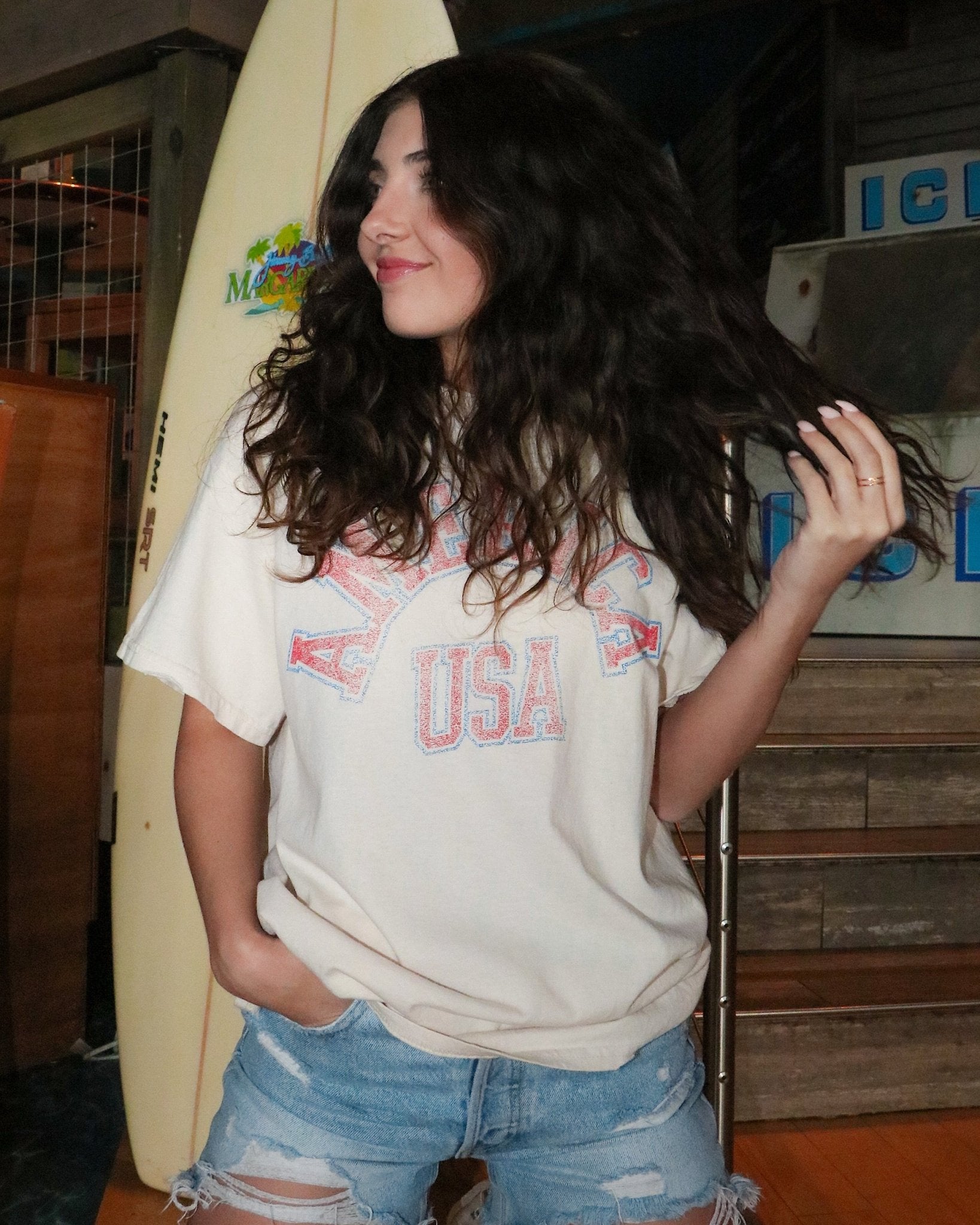 USA Mega Arch Off White Thrifted Tee - shoplivylu