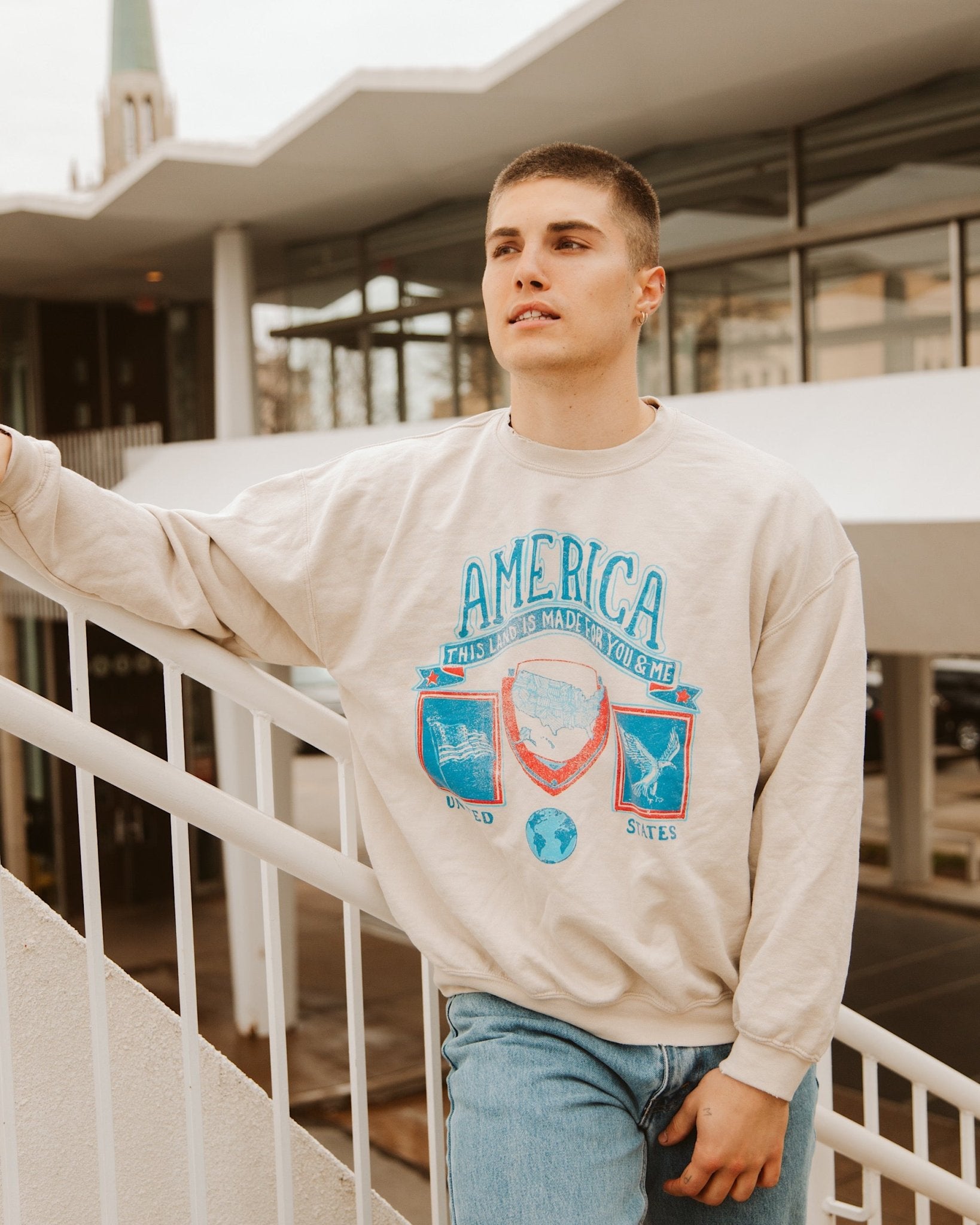 USA Patch Sand Thrifted Sweatshirt - shoplivylu