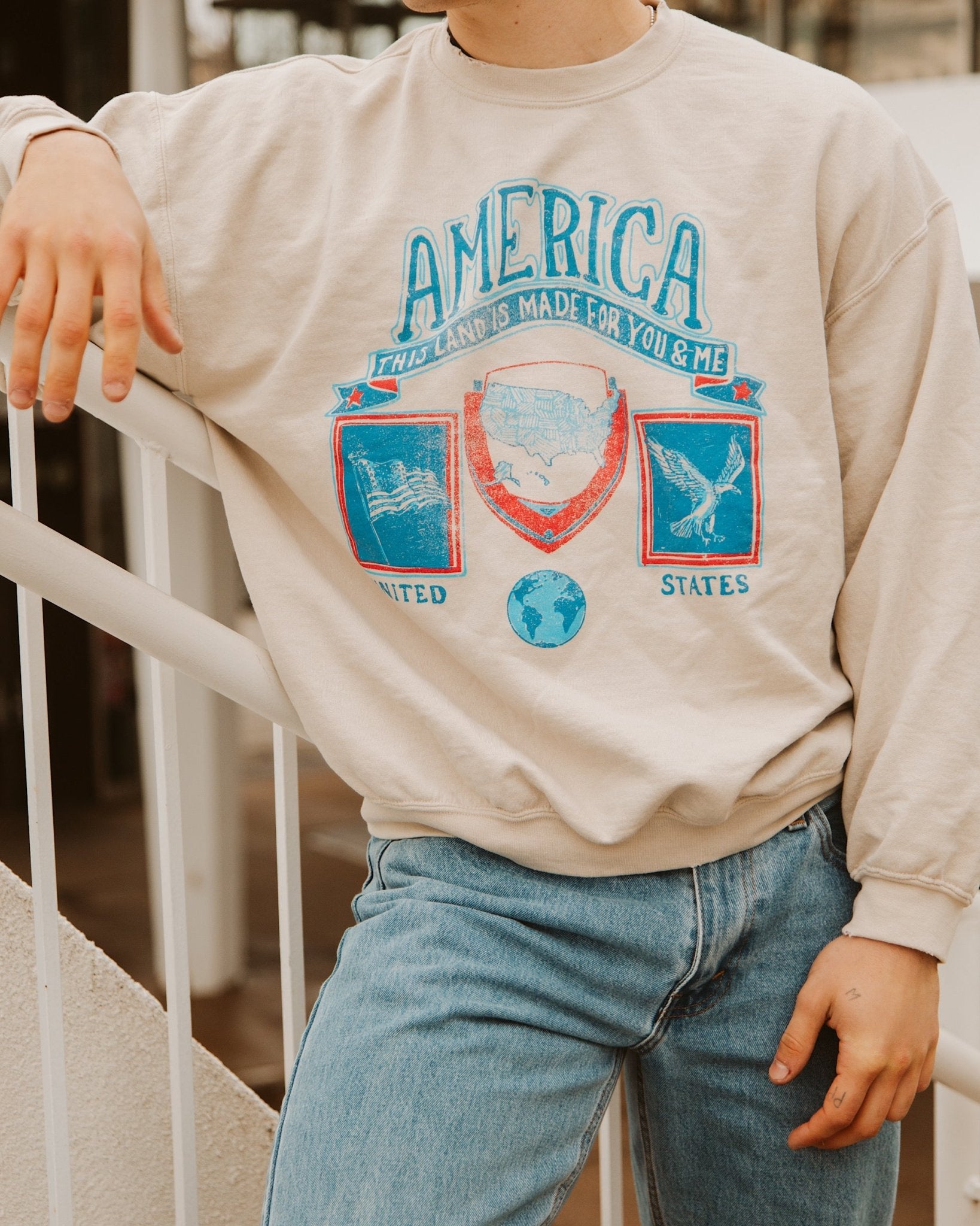 USA Patch Sand Thrifted Sweatshirt - shoplivylu