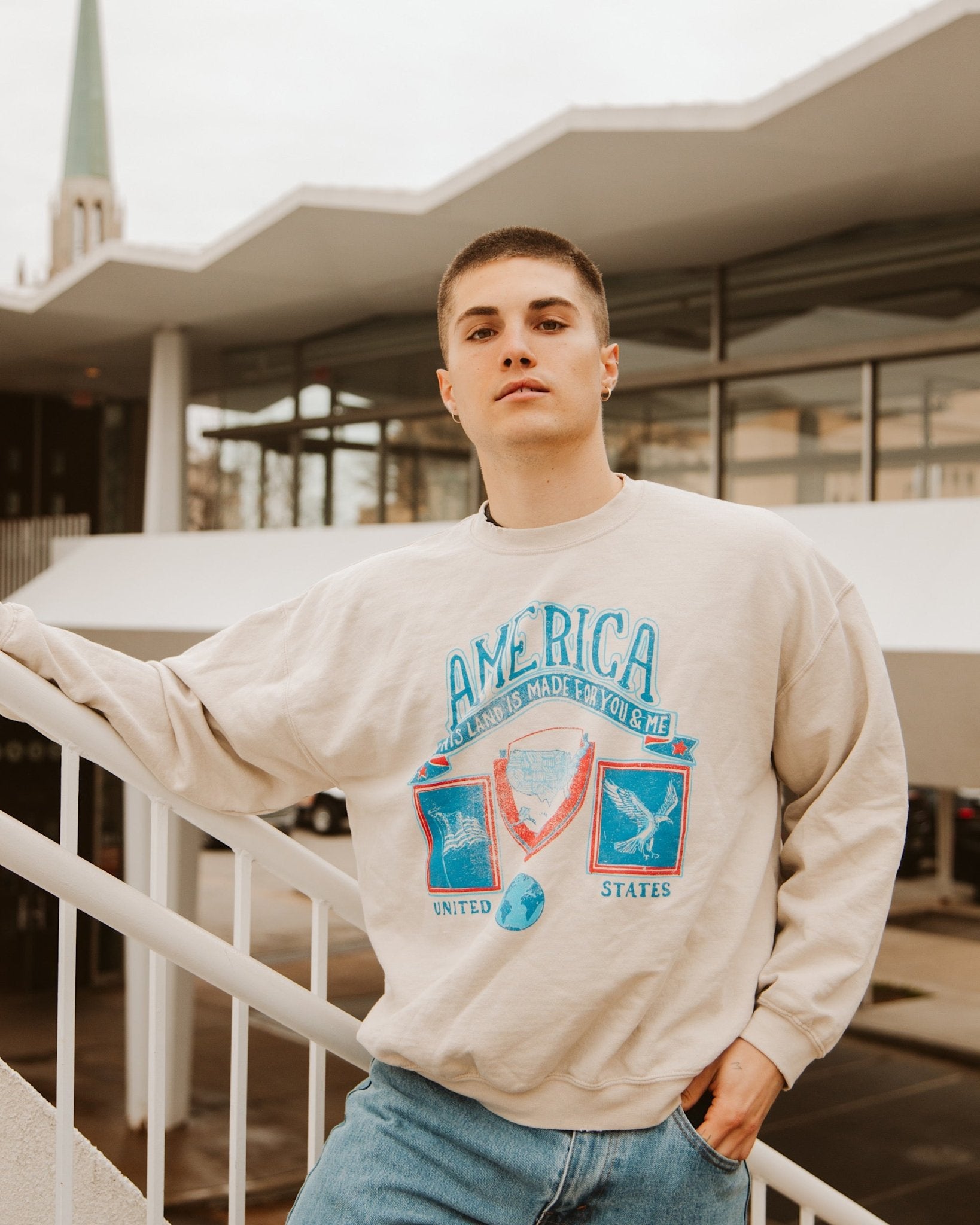 USA Patch Sand Thrifted Sweatshirt - shoplivylu