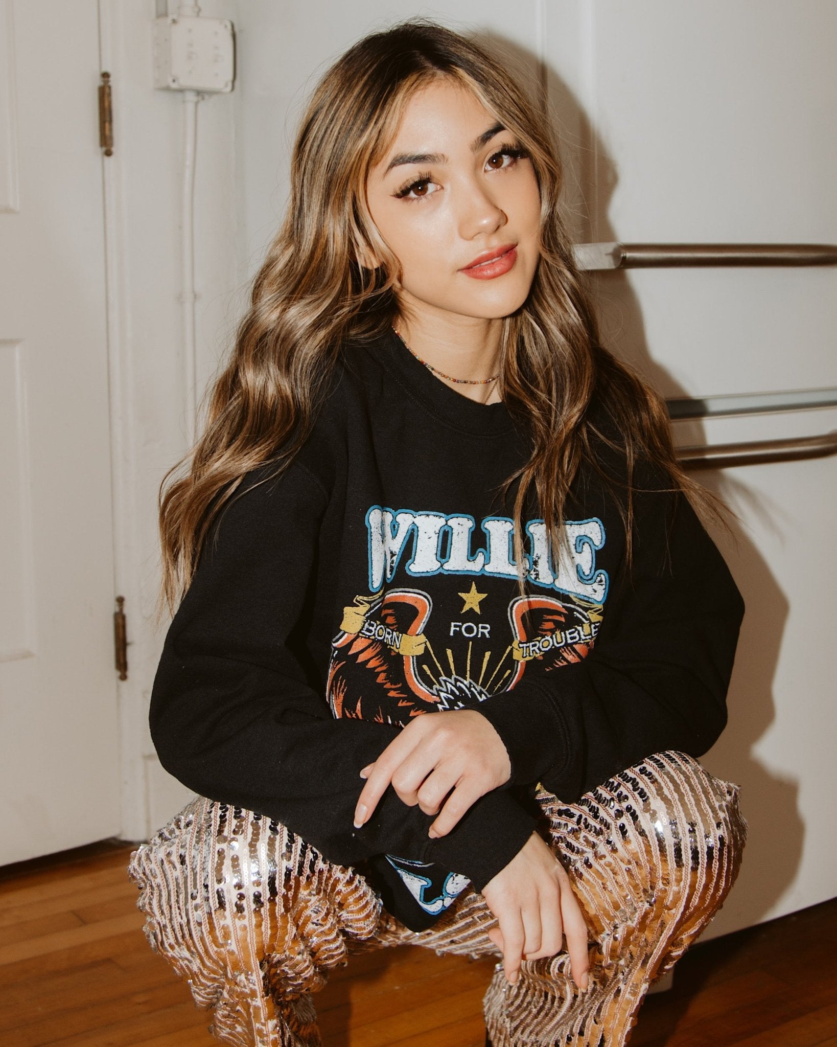 Willie Nelson Born For Trouble Black Thrifted Sweatshirt - shoplivylu