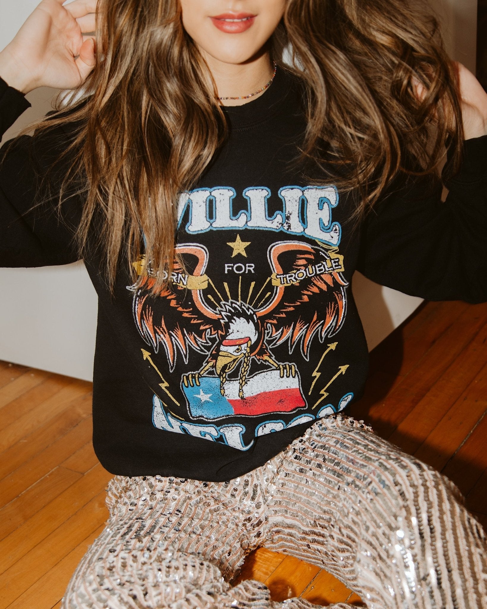 Willie Nelson Born For Trouble Black Thrifted Sweatshirt - shoplivylu