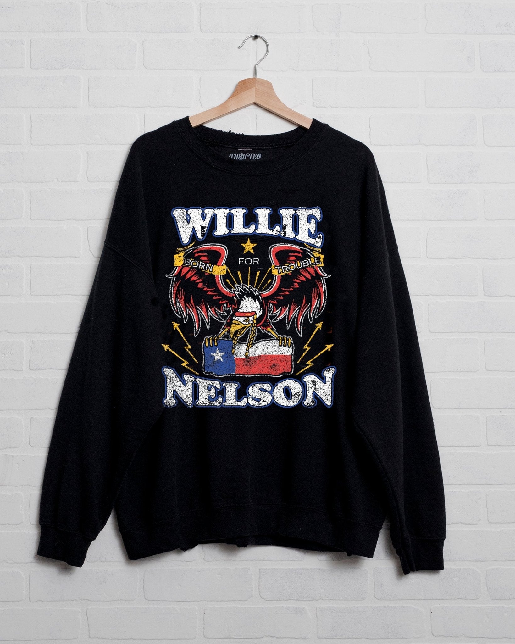Willie Nelson Born For Trouble Black Thrifted Sweatshirt - shoplivylu