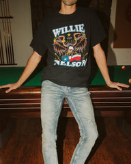 Willie Nelson Born For Trouble Black Thrifted Tee - shoplivylu