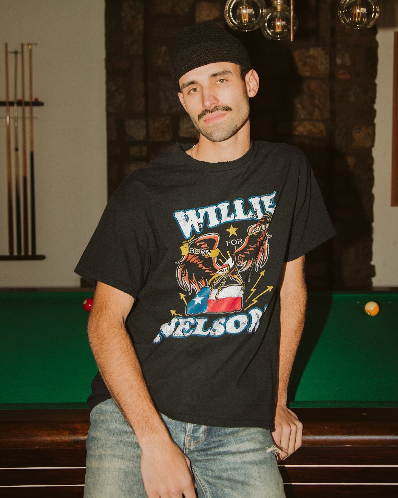 Willie Nelson Born For Trouble Black Thrifted Tee - shoplivylu