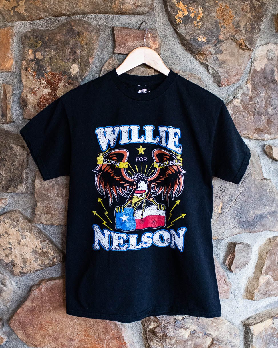 Willie Nelson Born For Trouble Black Thrifted Tee - shoplivylu